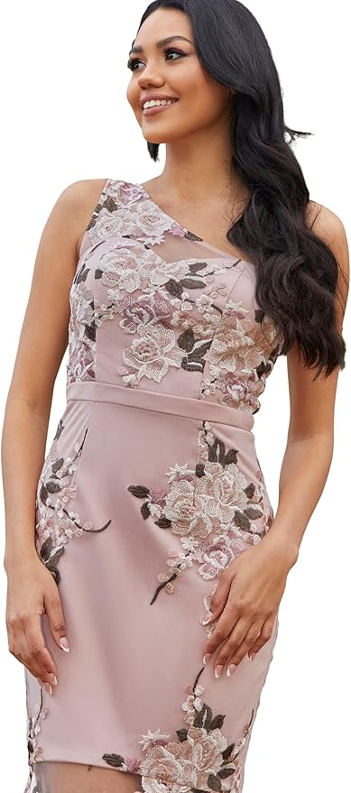 Chi Chi London Women's One Shoulder Peplum Embroidered Bodycon Dress  Cocktail, Blush, 8 : Amazon.co.uk: Fashion