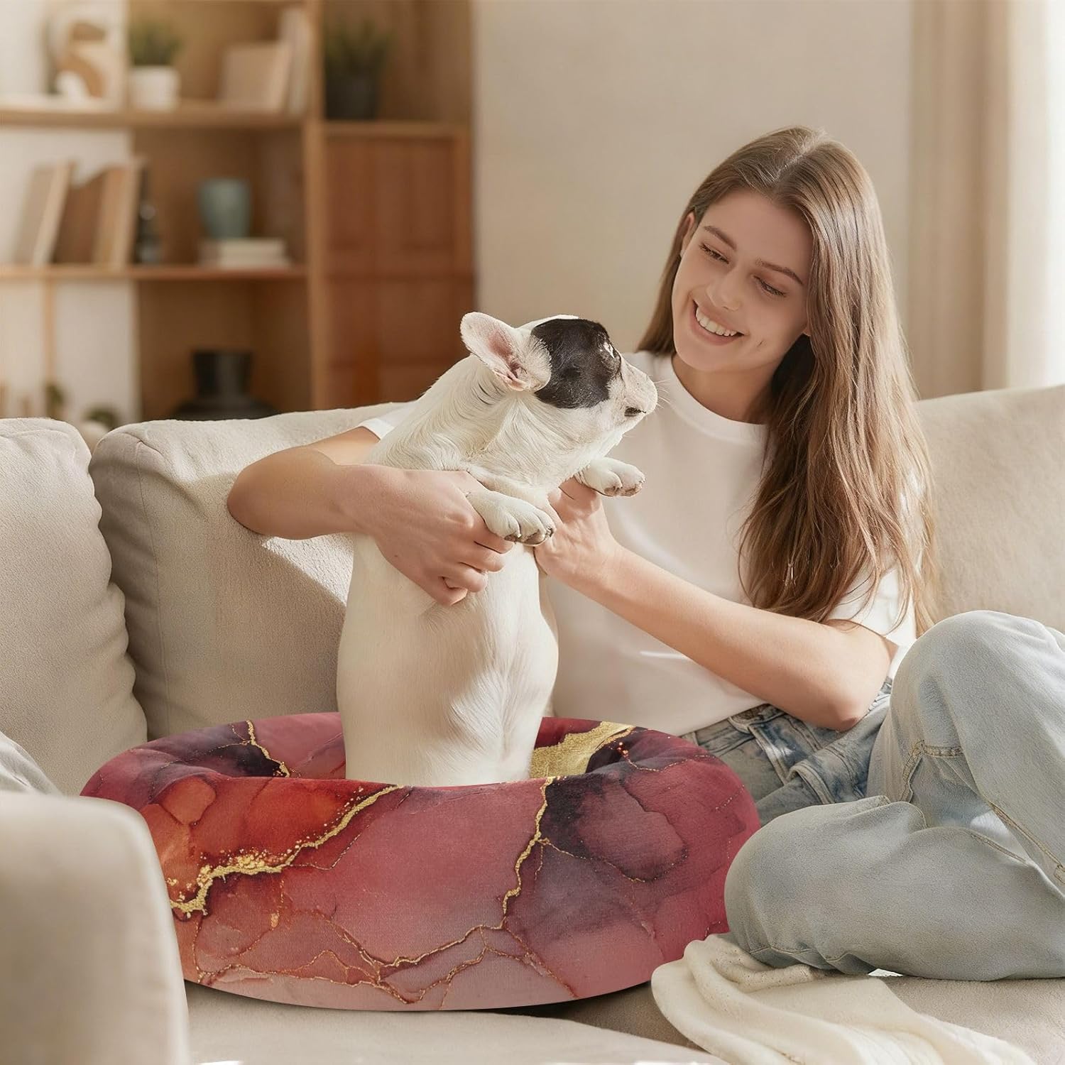 Marble Red Neutral Pet Dog Beds Anti-Slip Cat Pillow Bed for Extra Small Size Pets Sleeping M