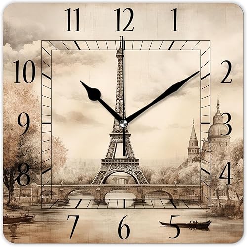Reloj de pared decorativo de 10 pulgadas, silencioso, cuadrado, para el hogar, sala de estar, cocina, torre Eiffel, retro, París, exquisito disponible en Yaxa Costa Rica