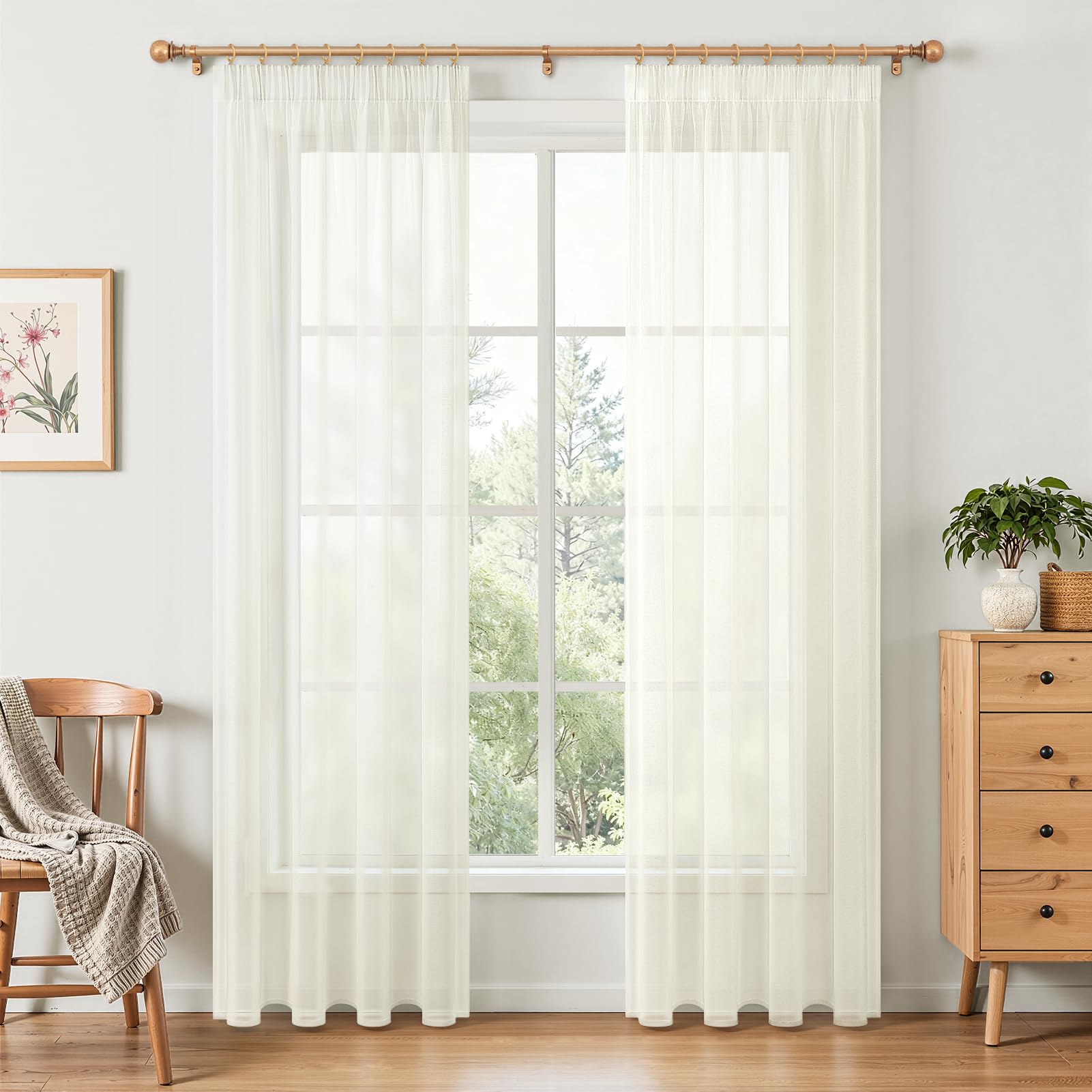 MRTREES Curtains with Ruffle Tape, Cream Stores, Set of 2, 240 cm Long, 140 cm Wide, Cream Short Transparent Modern Curtains for Living Room, Window, Bedroom, Elegant