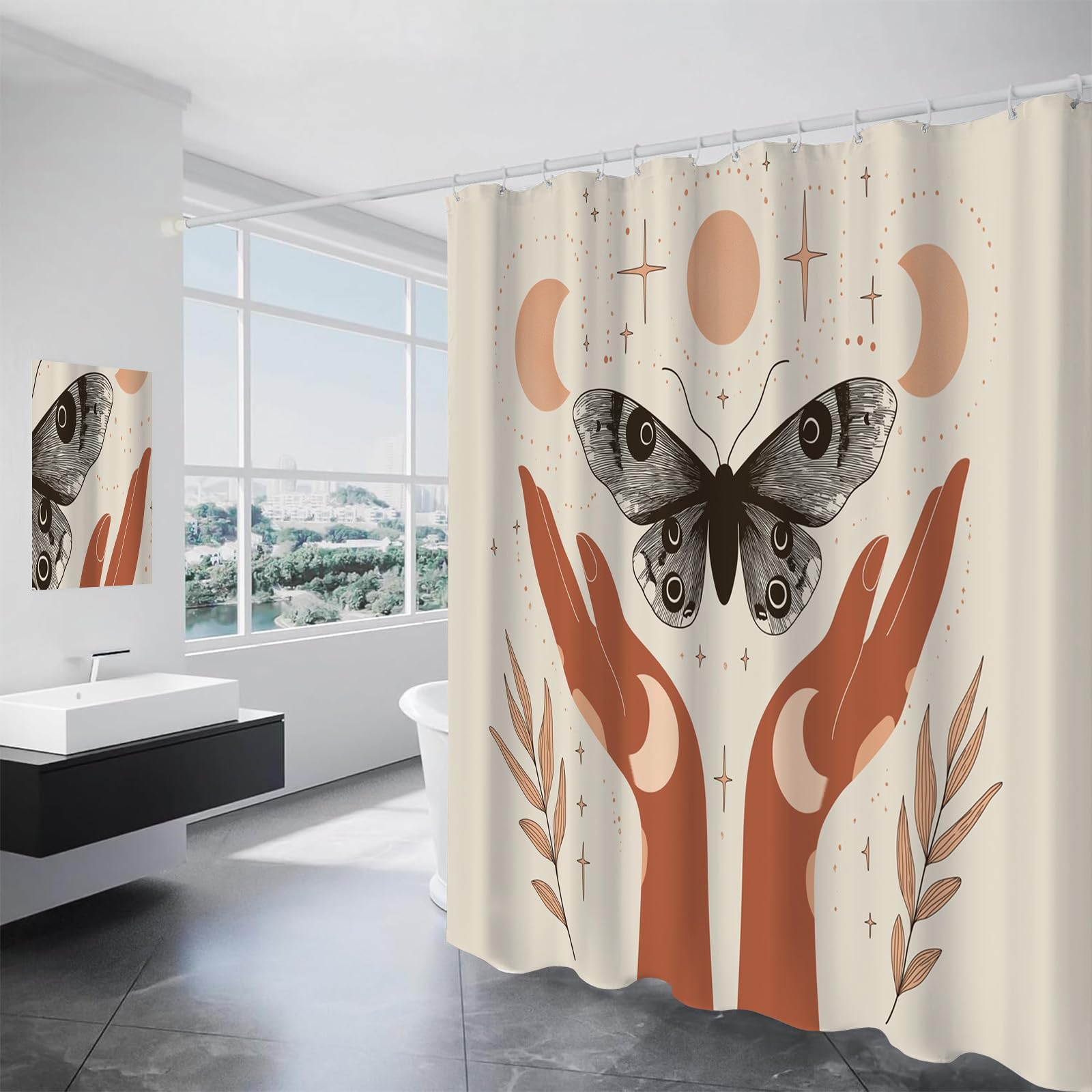 Rideau de douche bohème lavable motif papillon avec 12 crochets inclus 180x200
