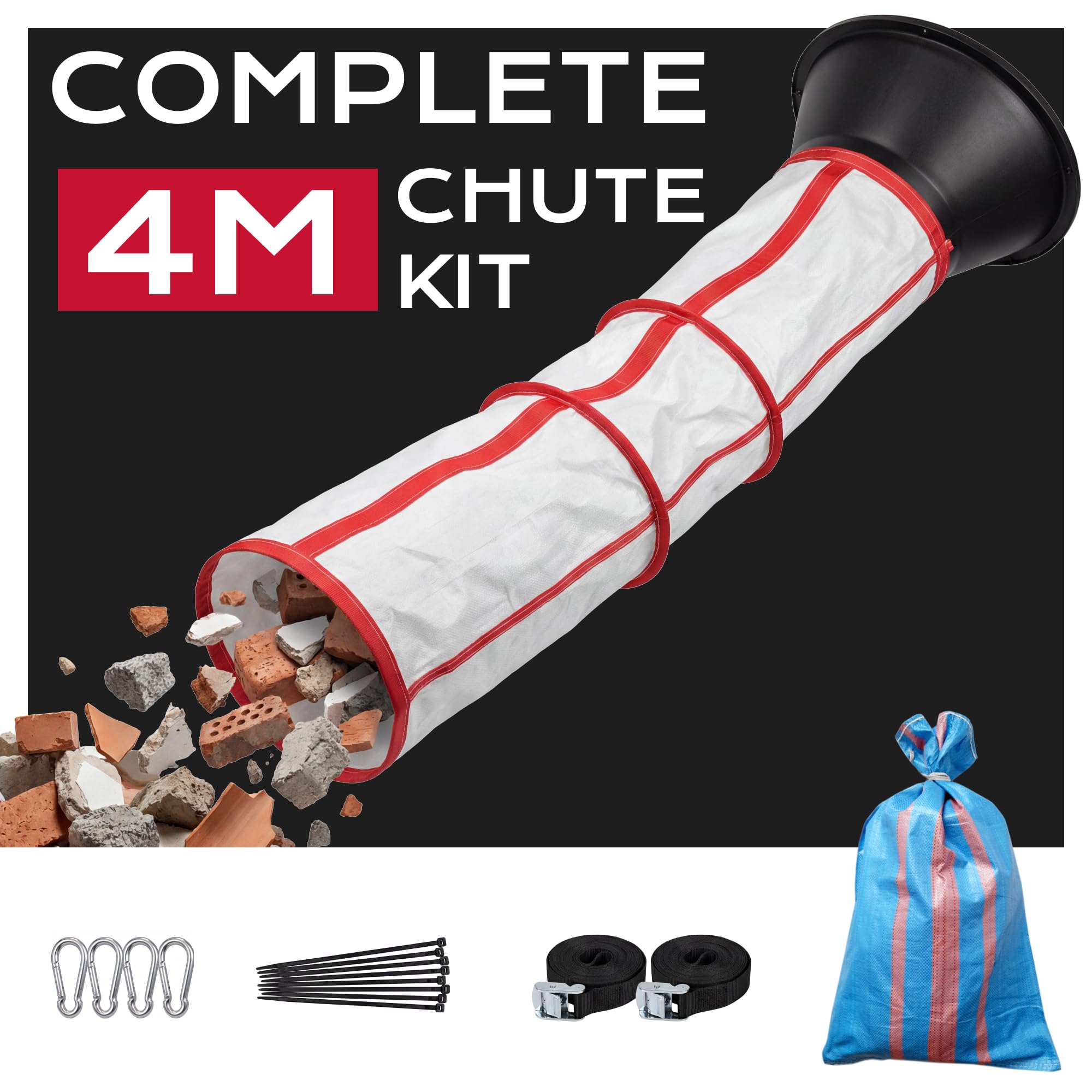 Scivolo Flessibile per Detriti 4m | Scivolo per Detriti | Edili con Imbuto Di Riempimento e Cinghie di Tensione e 25 sacchi da 30 kg, Per Rifiuti Edili, Cantieri di Ristrutturazione