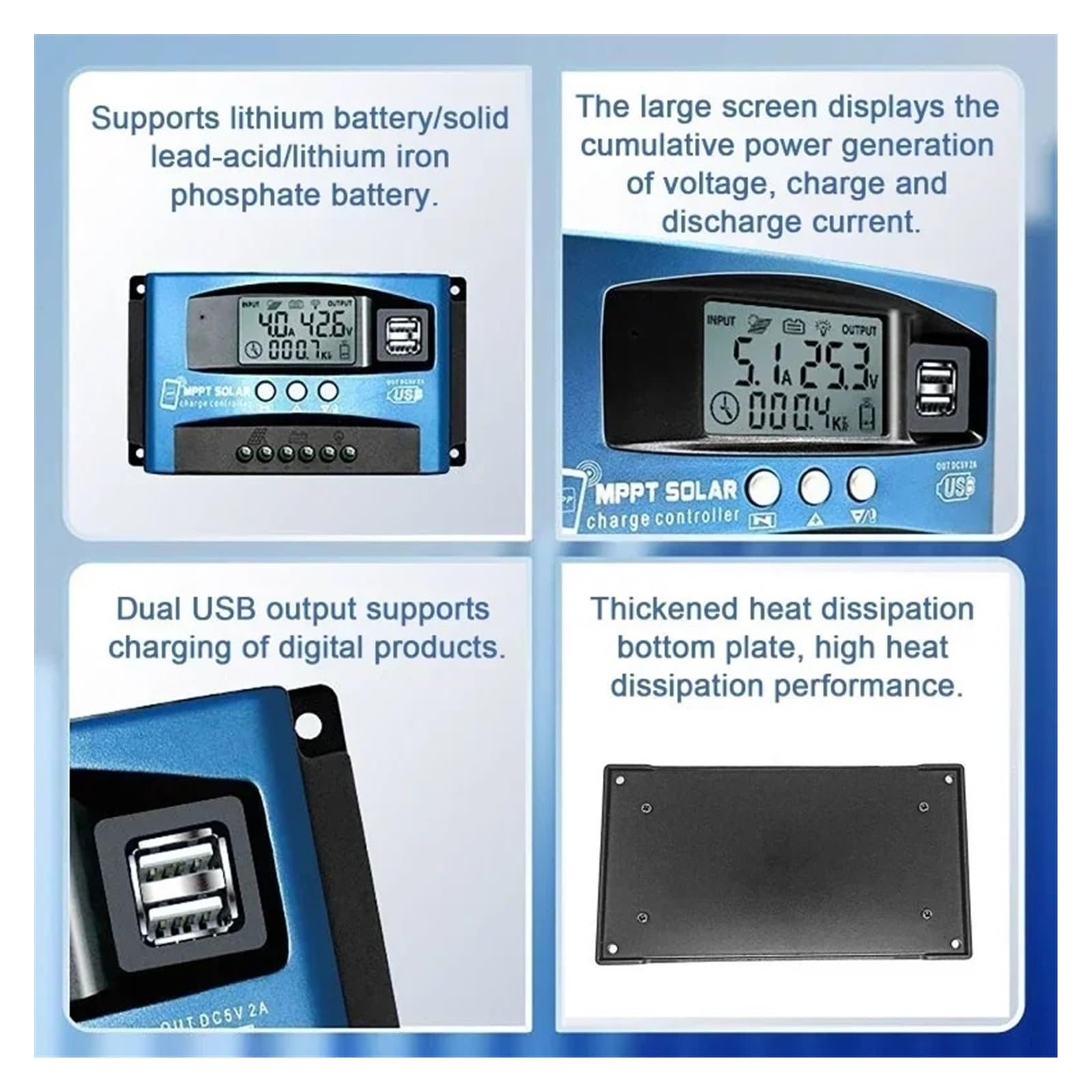 Kontroler ładowania słonecznego, MPPT Regulator Ładowania Słonecznego 30A-100A Bluetooth I WIFI Podwójny Wyświetlacz LCD USB 12V 24V Panel Ogniw Słonecznych Ładowarki Z Obciążeniem(12V24V BT,30A)