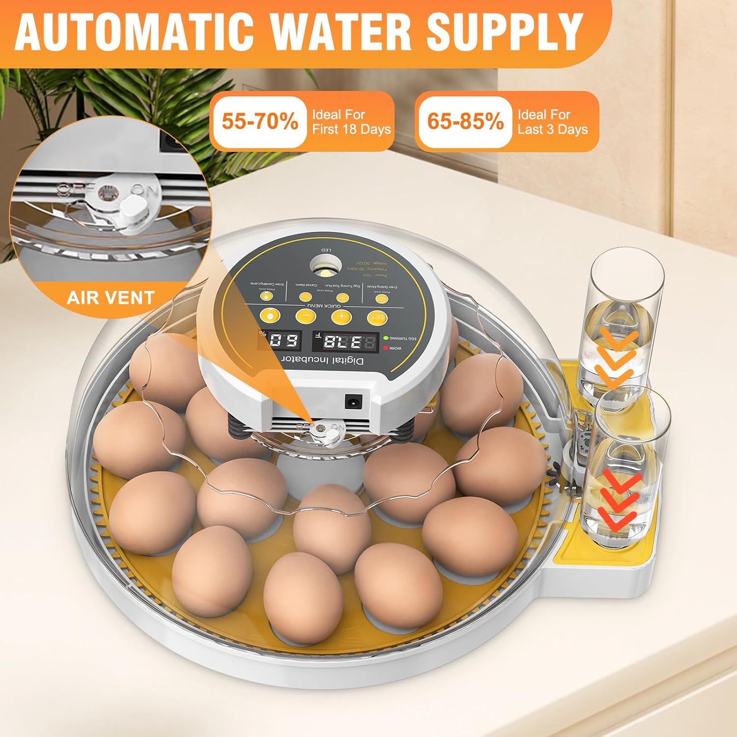 18 Egg Incubator with Humidity Display, Automatic Temperature Control and Egg Turner, Auto Water Replenishment for Hatching Chickens Quail Duck Goose (Yellow)
