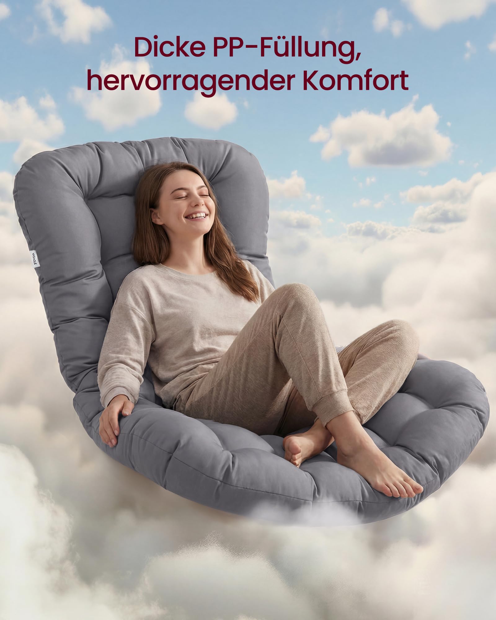 VASAGLE Schaukelstuhl, Schaukelsessel, Relaxsessel, Stahlgestell, ausziehbare Fußstütze, abnehmbares Kissen, bis 136 kg belastbar, Schlaf-, Wohnzimmer, Terrasse, Garten, grau LYY062GZ01