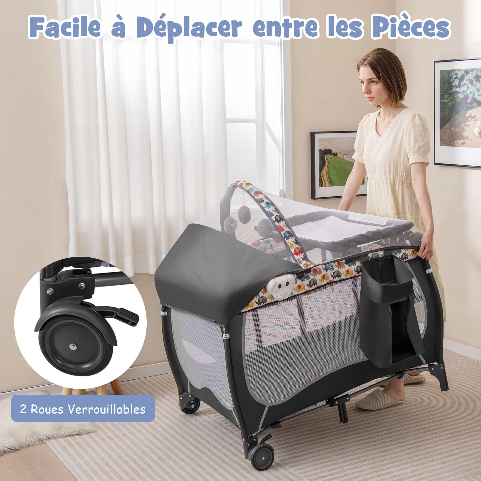 COSTWAY 5 en 1 Lit Parapluie Bébé avec Matelas & Moustiquaire, Lit Bébé Evolutif avec Table à Langer, 3 Jouets Mignons & Boîte à Musique, Sac de Transport, Charge 9kg pour 0-36 Mois