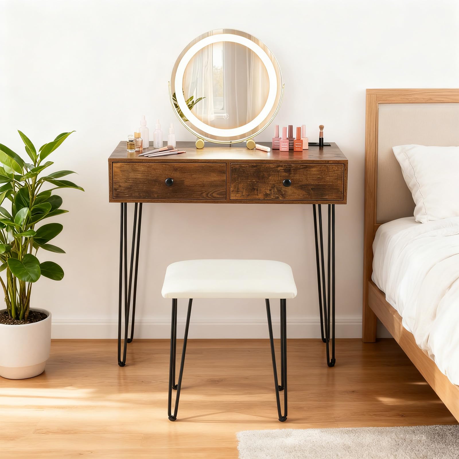 COSTWAY Toeletta Trucco con Specchio e Luci, Tavolo Trucco con Specchio Regolabile, Stazione di Ricarica Integrata, 2 Cassetti, Sgabello Imbottito, per Soggiorno Camera da Letto