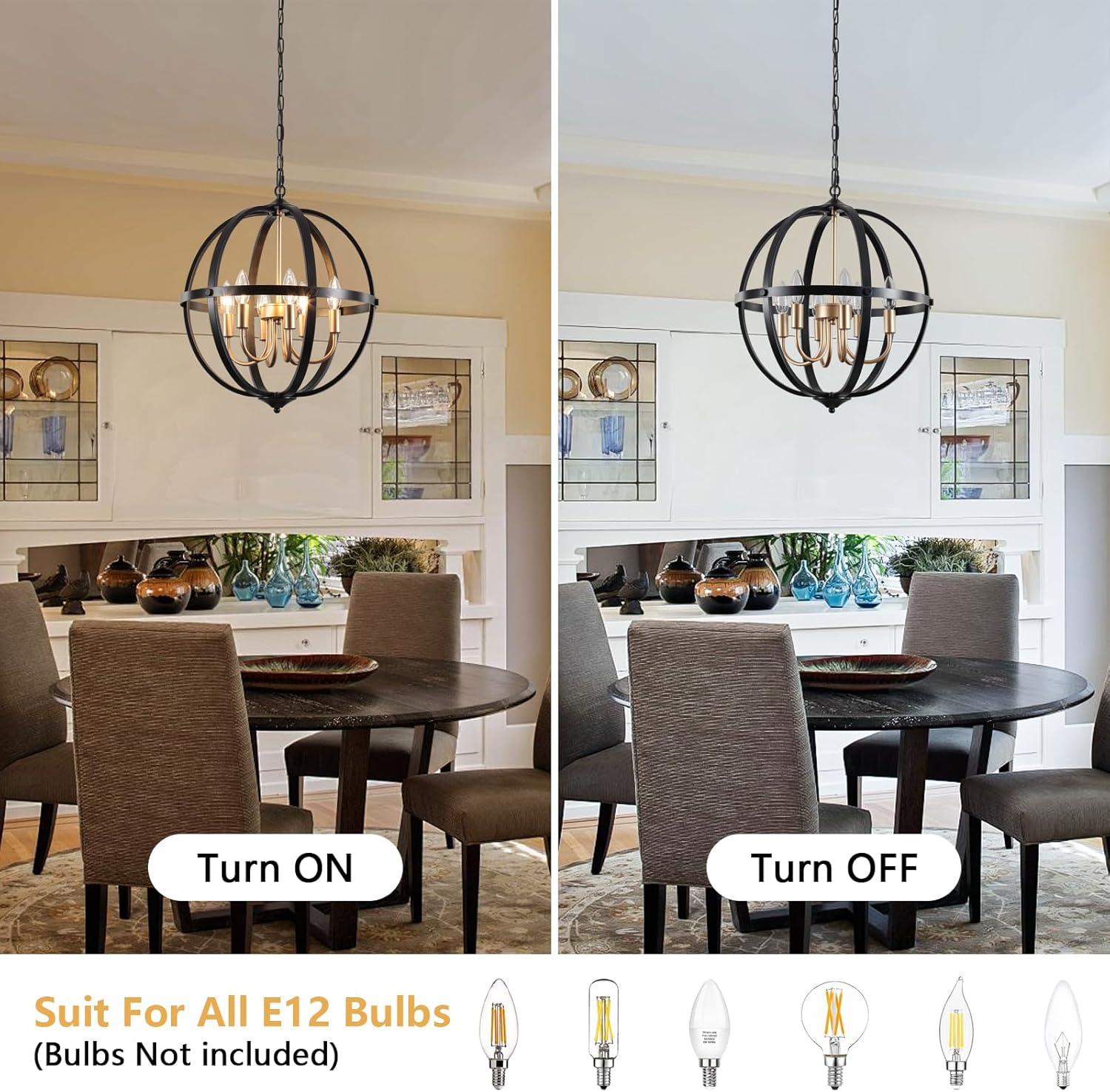 6-Light Black and Gold Chandelier, Orb Chandelier 17.12'' Metal Industrial Globe Pendant Light, Modern Farmhouse Adjustable Hanging Ceiling Light Fixtures for Kitchen, Dining Room, Foyer
