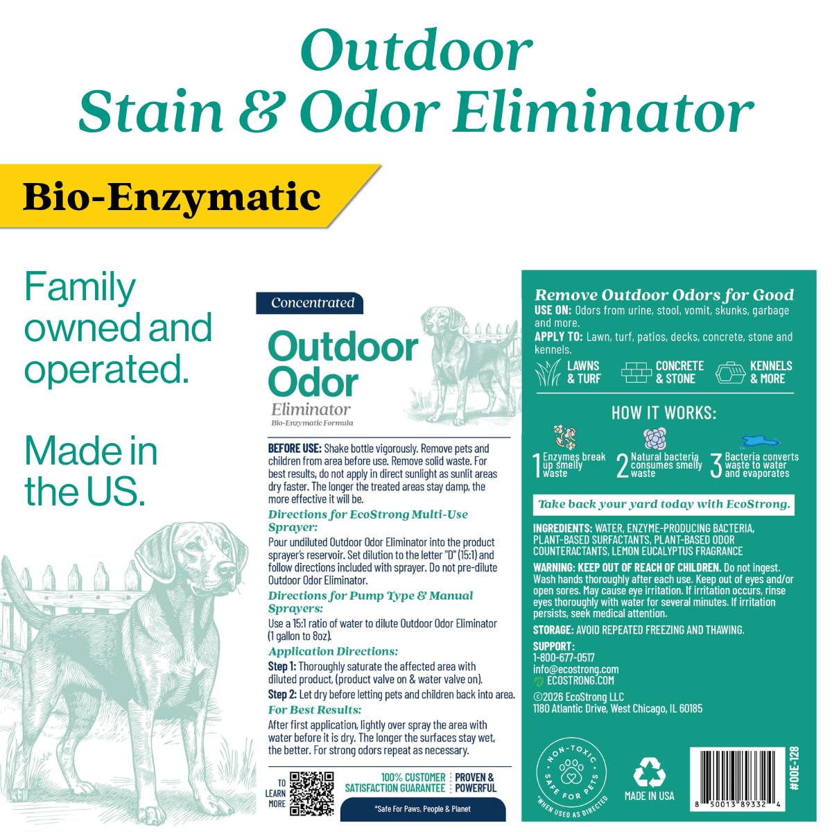 Eco Strong Eliminador de olores al aire libre | Desodorante enzimático potente para orina de perros y animales, limpiador para exteriores