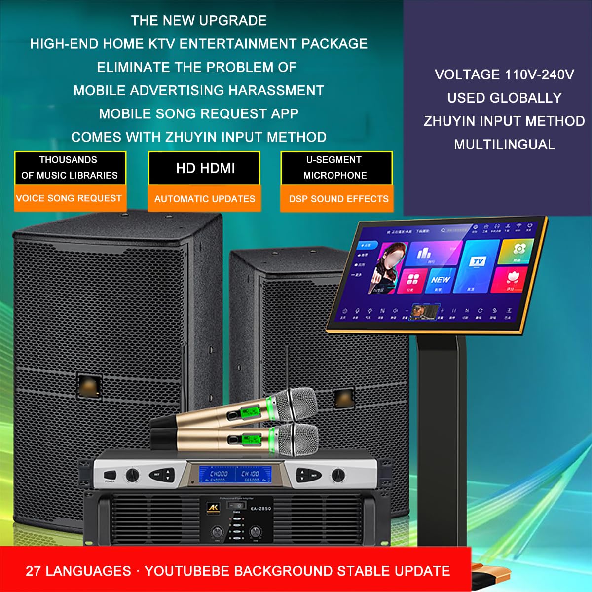 Set Karaoke, con 2 Microfono Wireless Anti-ululato a segmento U, Altoparlante, Supporto Fibra Ottica, HDMI/AV/USB/Com/VGA, per Feste/Adulti/Bambini/Famiglia, Amanti della Musica