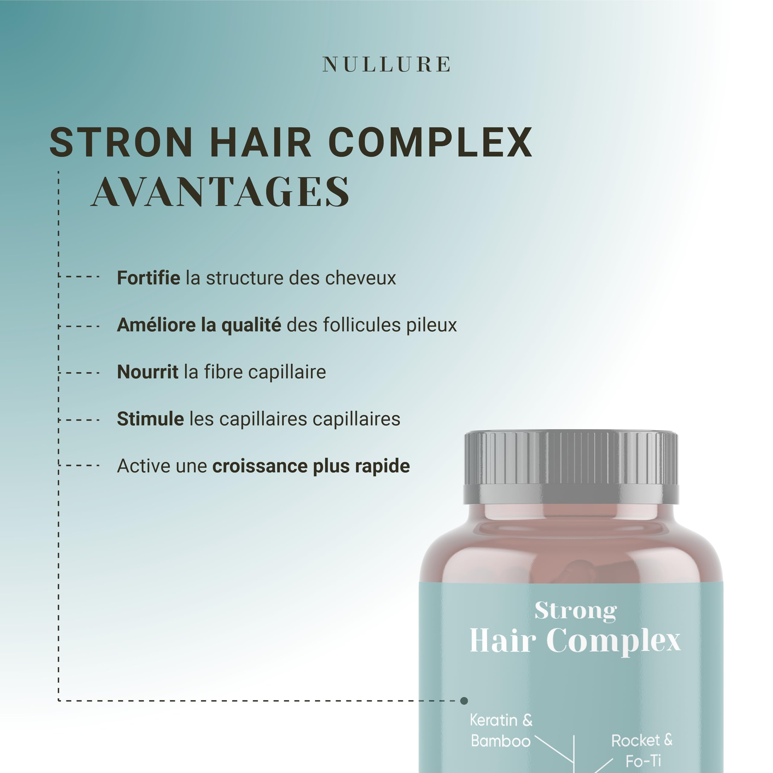Nullure Formule Pousse Cheveux | Biotine + Kératine + Zinc + Fo Ti + Vitamine B2 + Bambou + Roquette | Complement Alimentaire | Biotine Cheveux Pousse Rapide - Sans Excipient |120 gélules (2 mois)