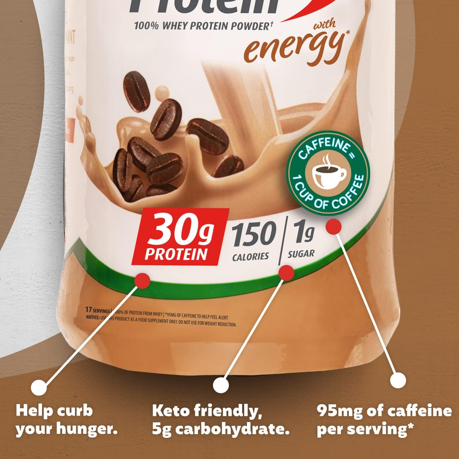 Premier Protein Powder, Cafe Latte , 30g Protein, 1g Sugar, 100% Whey Protein, Keto Friendly, No Soy Ingredients, Gluten Free