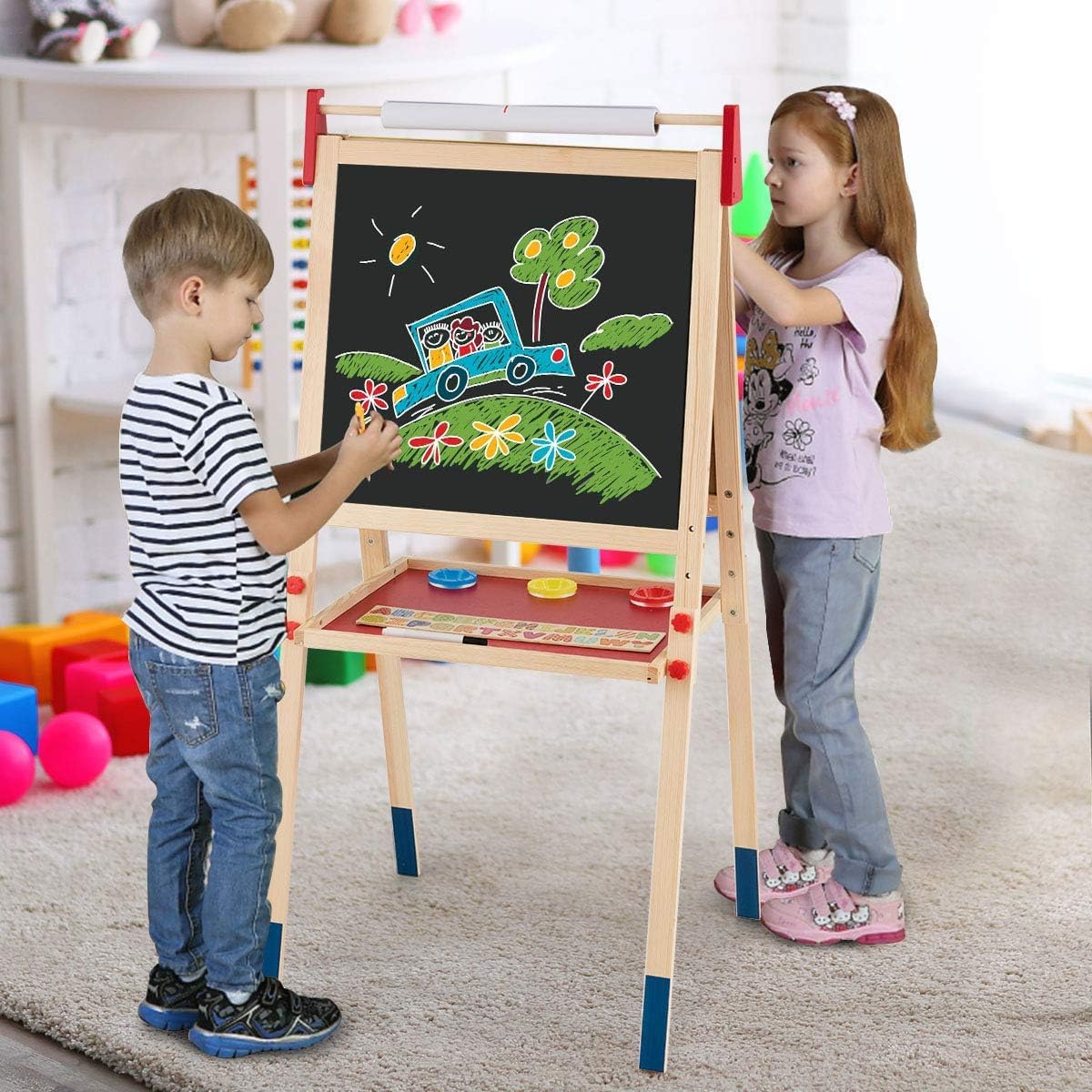 GYMAX Cavalletto per Bambini, Cavalletto con Altezza Regolabile,Lavagna a Doppia Faccia di Legno di Pino, con Rotolo Carta e Altri Accessori, 124,5x60,5x55 cm