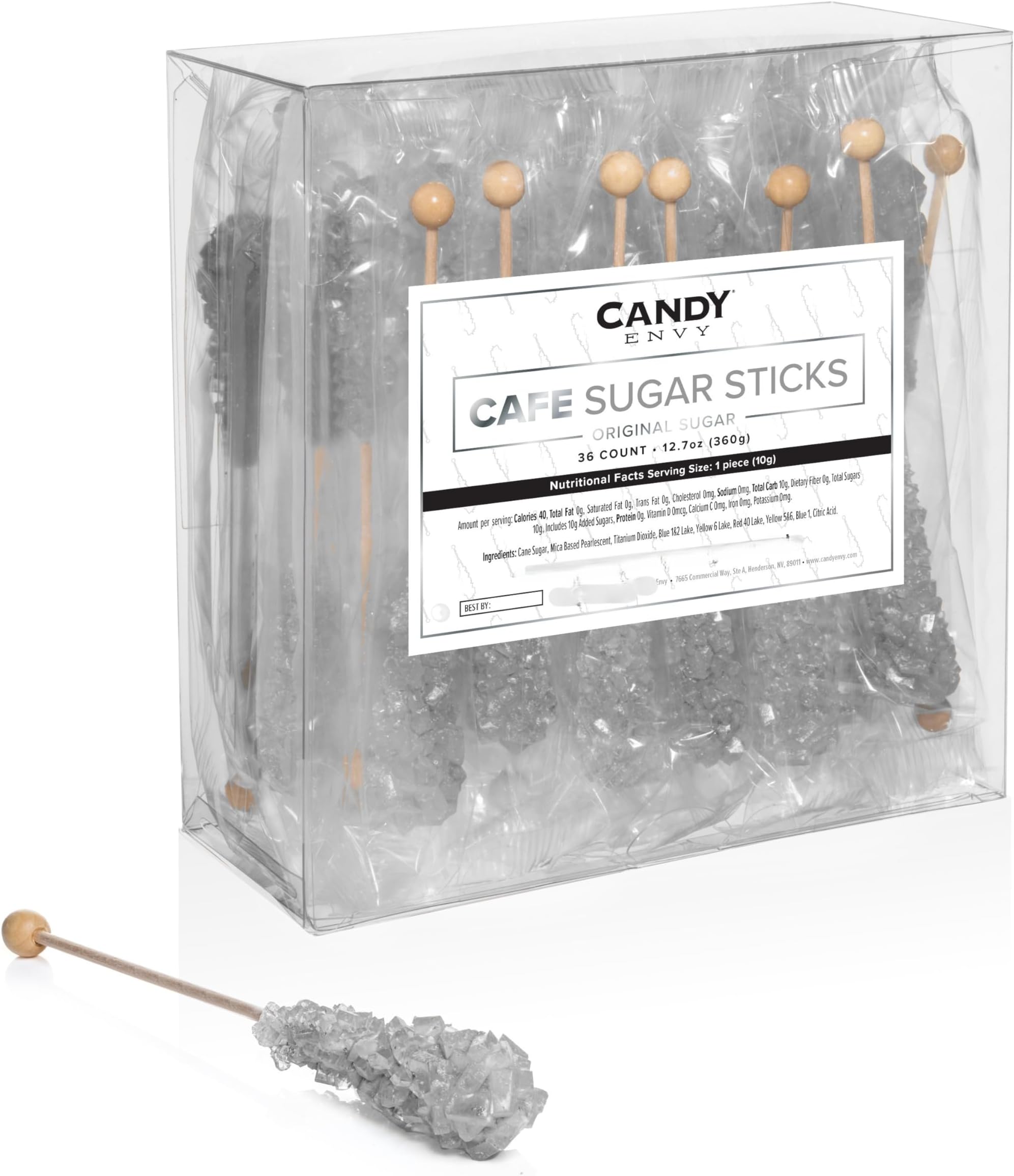 Candy Envy - Silver Café Sugar Sticks Mini Rock Candy - 36 Individually Wrapped Silver Treats - Original Sugar Flavored