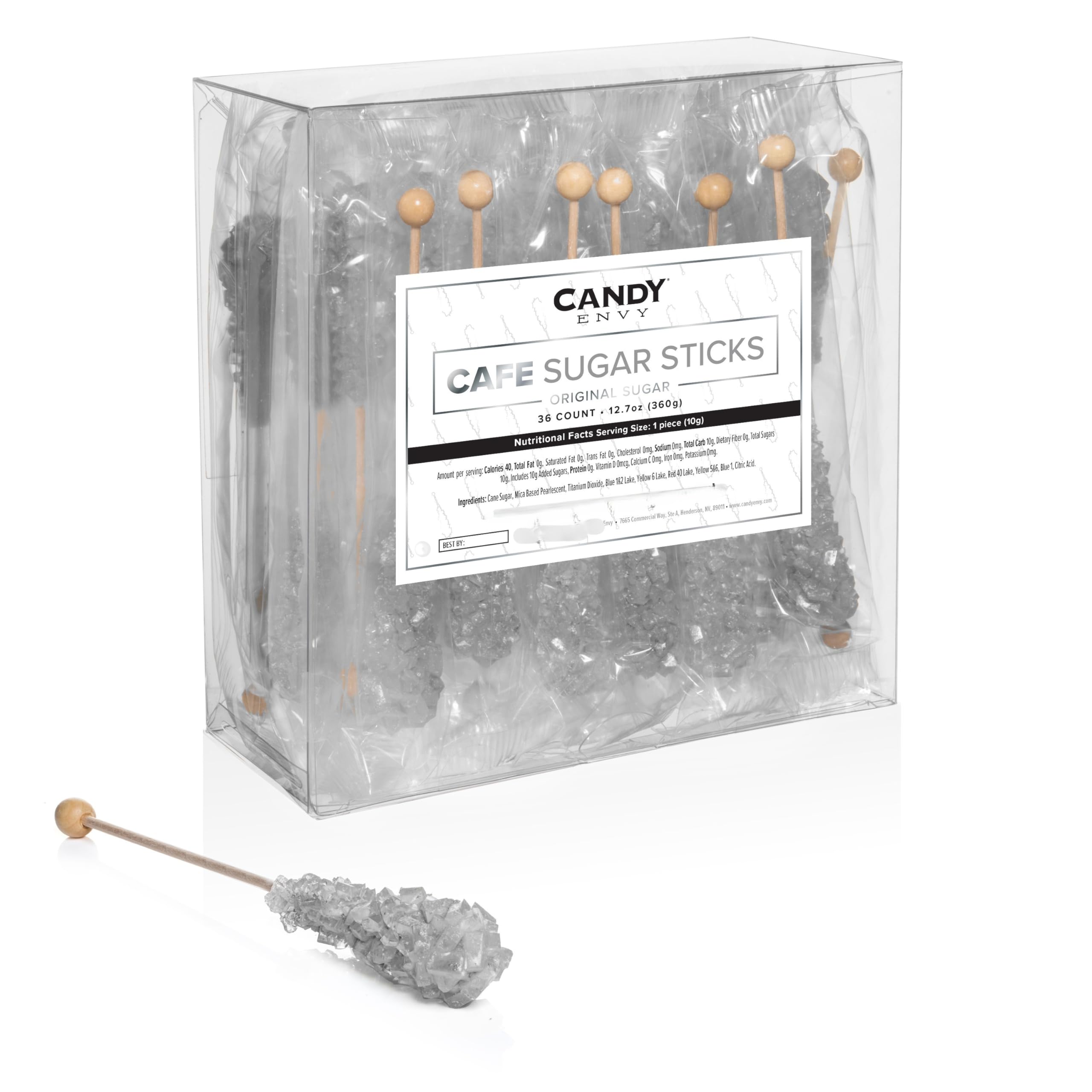 Candy Envy - Silver Café Sugar Sticks Mini Rock Candy - 36 Individually Wrapped Silver Treats - Original Sugar Flavored