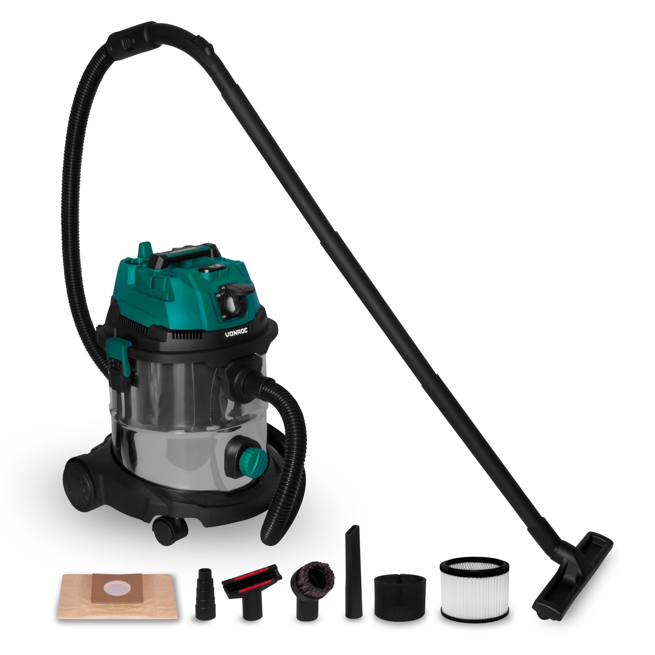 VONROC Aspirateur Eau et Poussière 1400W – Cuve INOX 20L – Fonction Soufflage & Prise Auto-Start 2000W – Filtre HEPA & Éponge – Accessoires Inclus – pour Atelier, Garage, Voiture