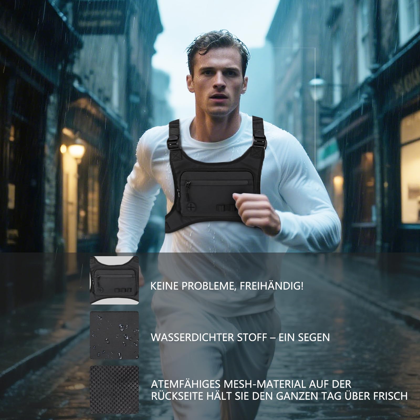 KINGSLONG Herren Brusttasche Leichte Taktische Brusttasche Sporttasche Schultertasche Wasserdichte Laufrucksack mit Tasche Zusätzlichem Stauraum für Traning Laufen Radfahren Wandern Camping Schwarz