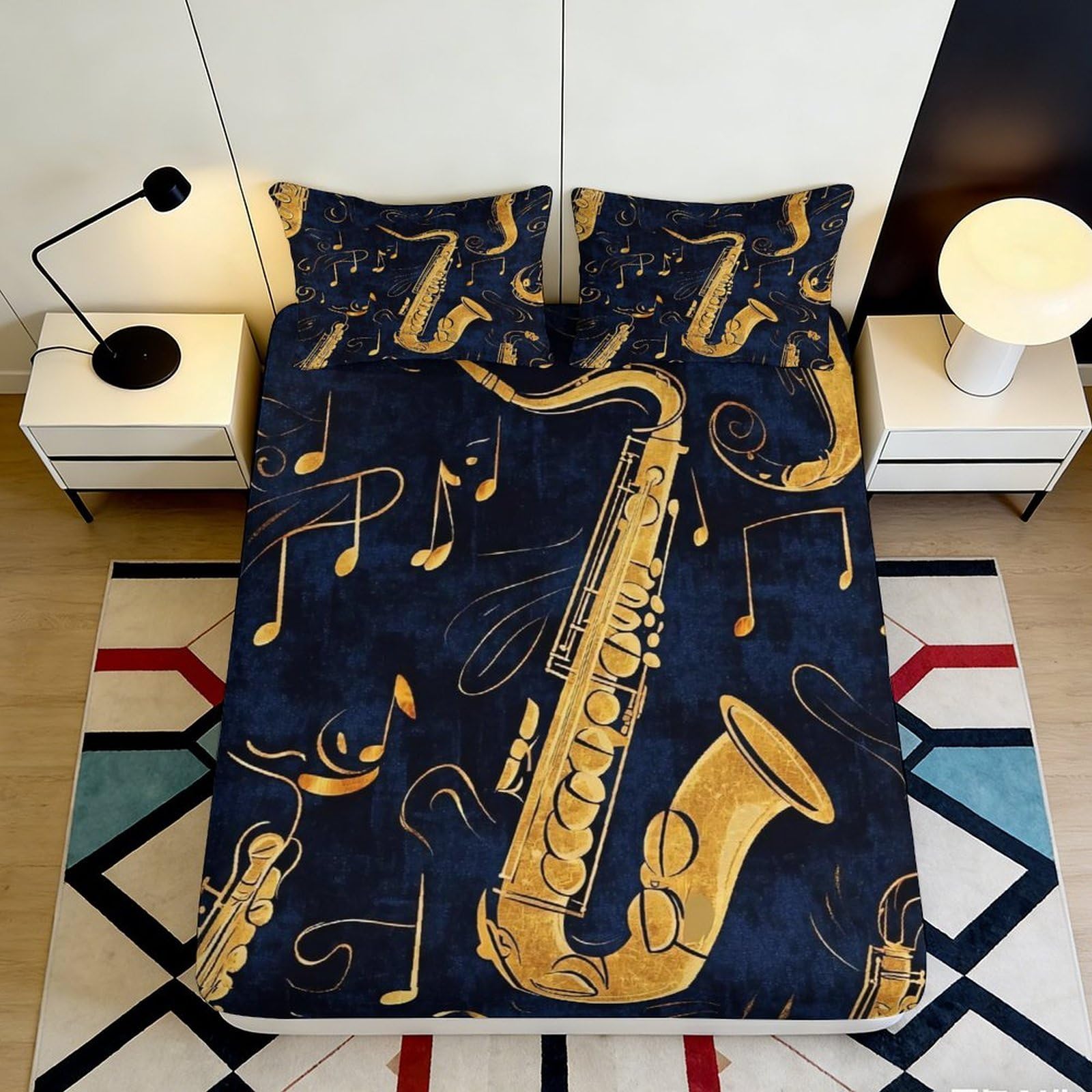 3D Printed Saxophone Jazz Notes Fitted Sheet Microfiber Non Slip Bed Cover for Bedroom Dorm Music Decor Navy 200x200x25cm