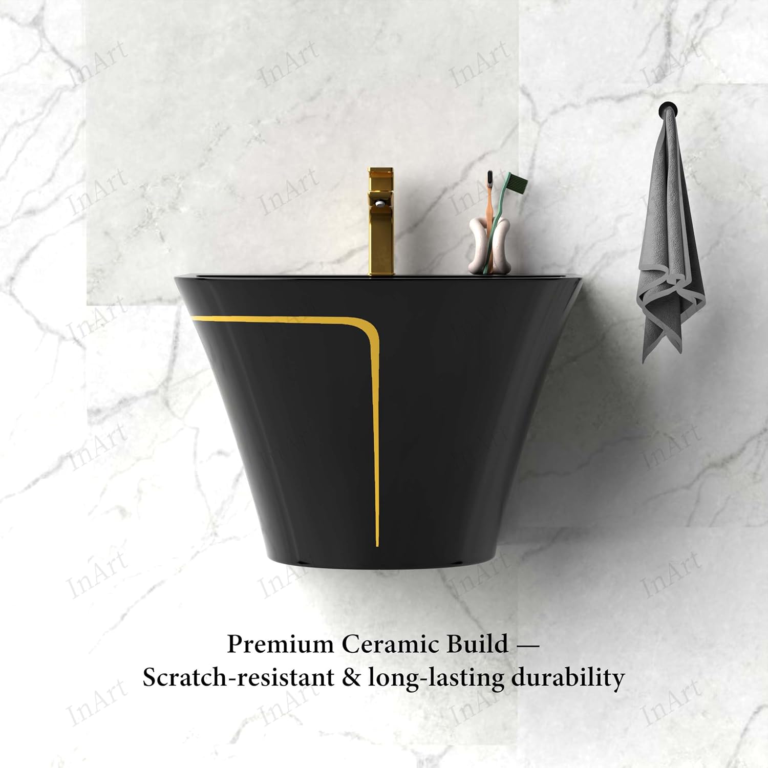 InArt Slim Rim Rectangular Ceramic Vessel Sink, Wall Mounted Half Pedestal Bathroom Sink, Glossy Black Modern Designer Basin, Easy-Clean Glaze, 21.3 W x 17.3 D x 15.4 H in