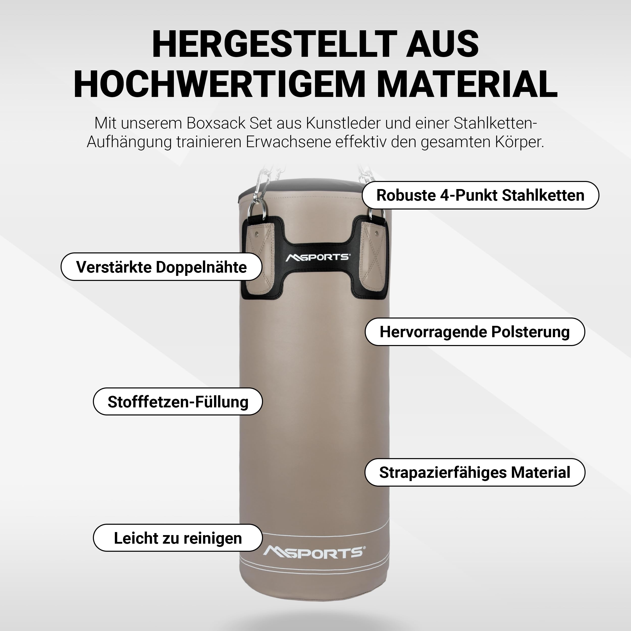 MSPORTS Punch Bag Set Premium 80 × 30 cm – Sac de frappe 25 kg + gants de boxe & bandages – Entraînement de boxe, kickboxing et fitness à la maison ou en studio
