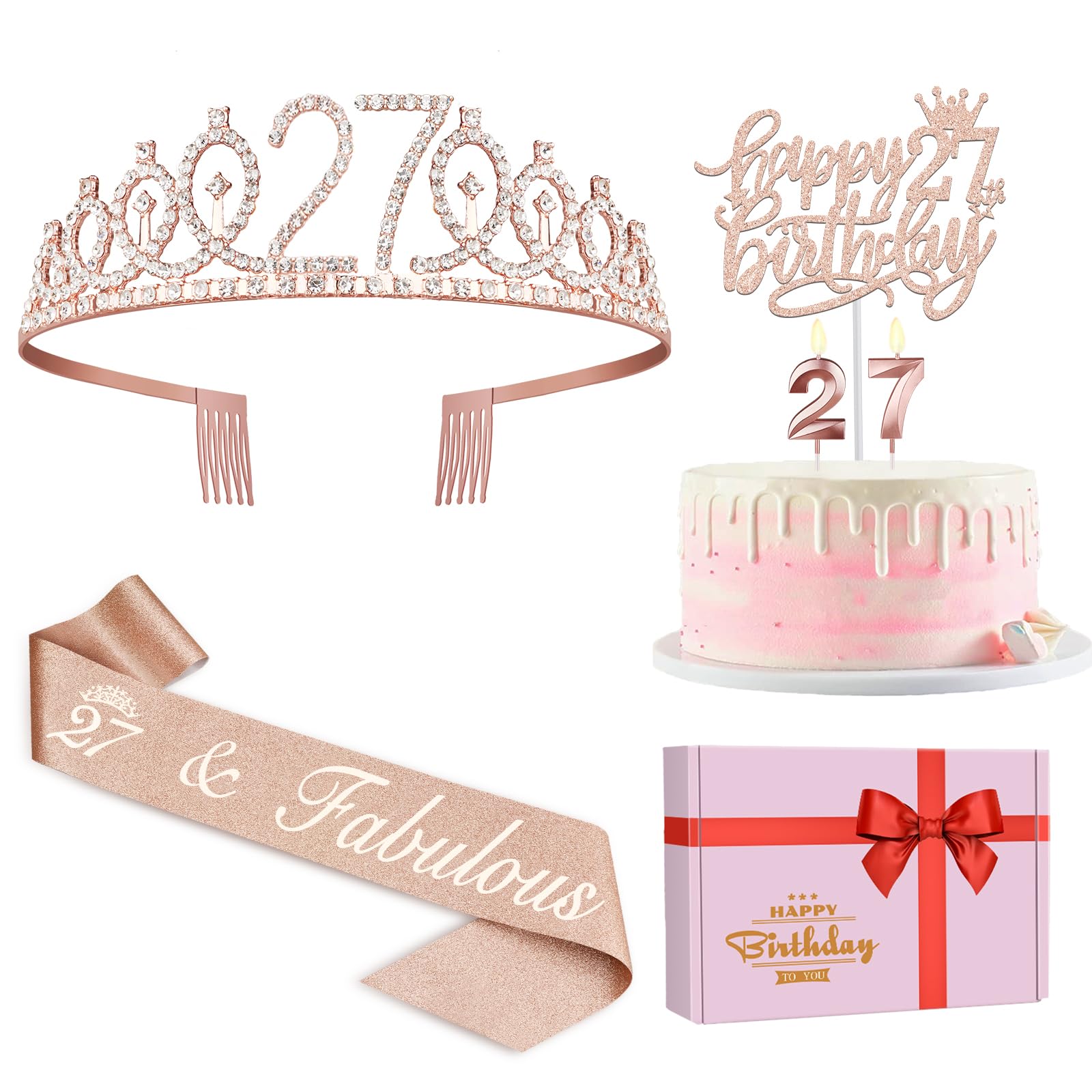27th Birthday Decorations for Women Including Birthday Sash and Tiara, Candles and Cake Topper, Gifts for 27 Year Old Women, Party Decorations Favor Supplies