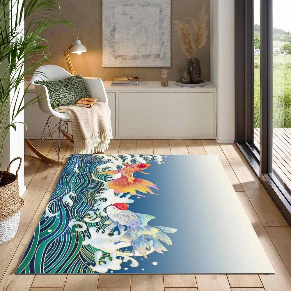 Tapis de Salon 180x240cm Vagues Poisson Rouge 3D Motif Velours Cristal Doux Tapis Kawaii Animaux Tapis de Chambre Doux et Moelleux, Tapis Lavable, Tapis Antidérapant Intérieur