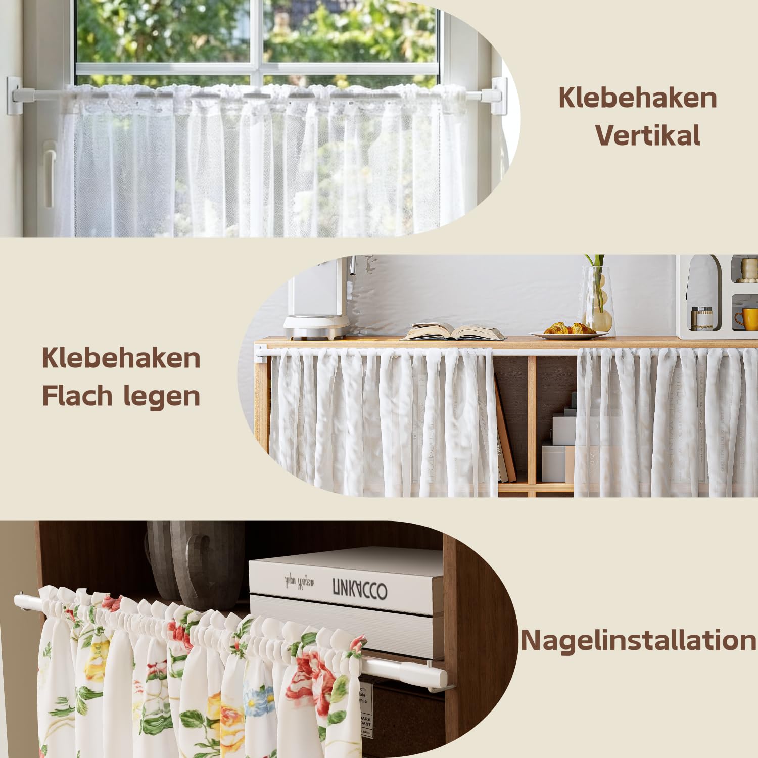 Zestaw 3 rozszerzalnych karniszy do zasłon z samoprzylepnymi haczykami do okien, kuchni, projektów majsterkowiczów, 40–70 cm, biały