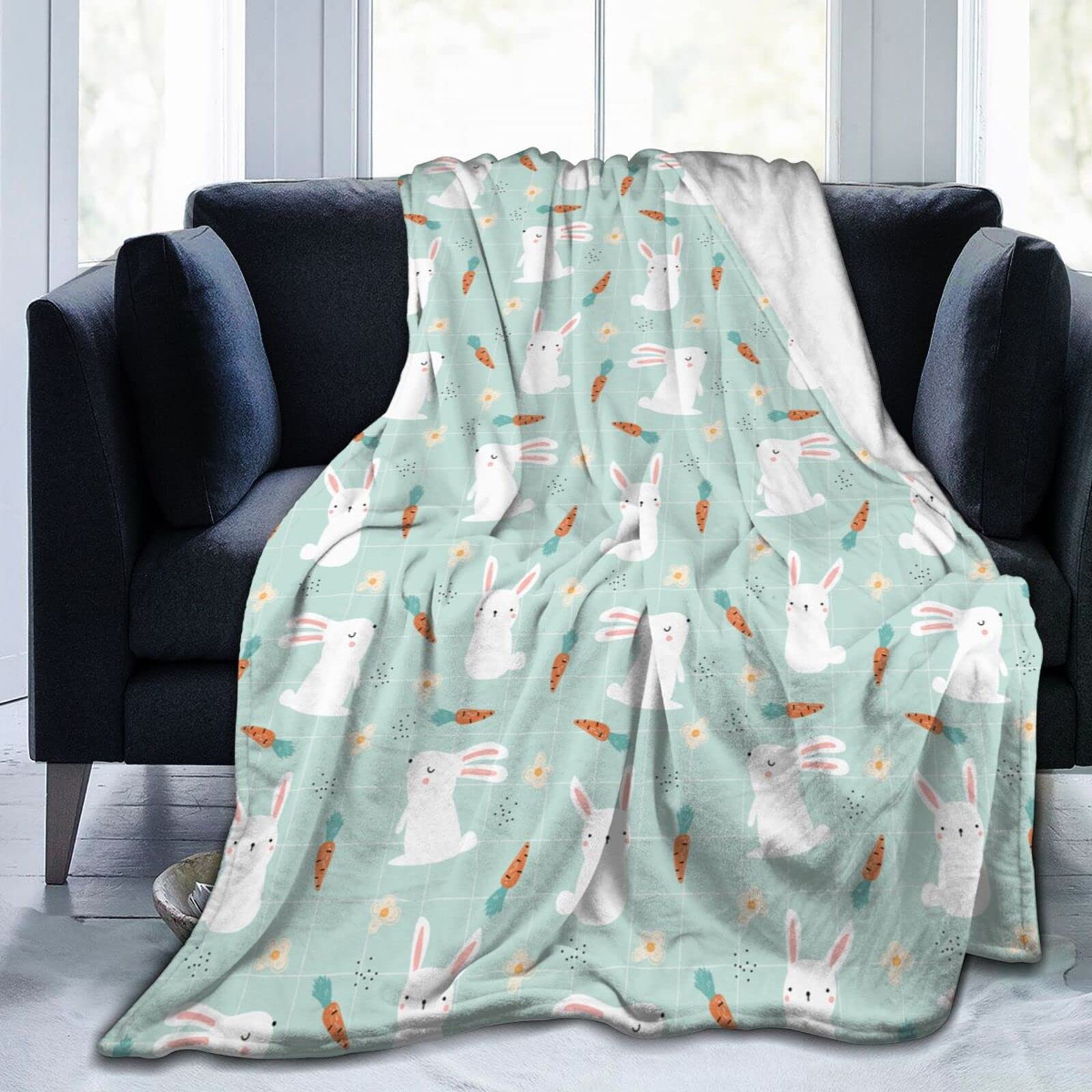 Lsjuee Easter Bunny and Carrots Throw Blanket Warm Soft Lightweight Blankets Easter Rabbit Flannel Blanket for Sofa Couch Bed Office Holiday Decorative 50"X40"