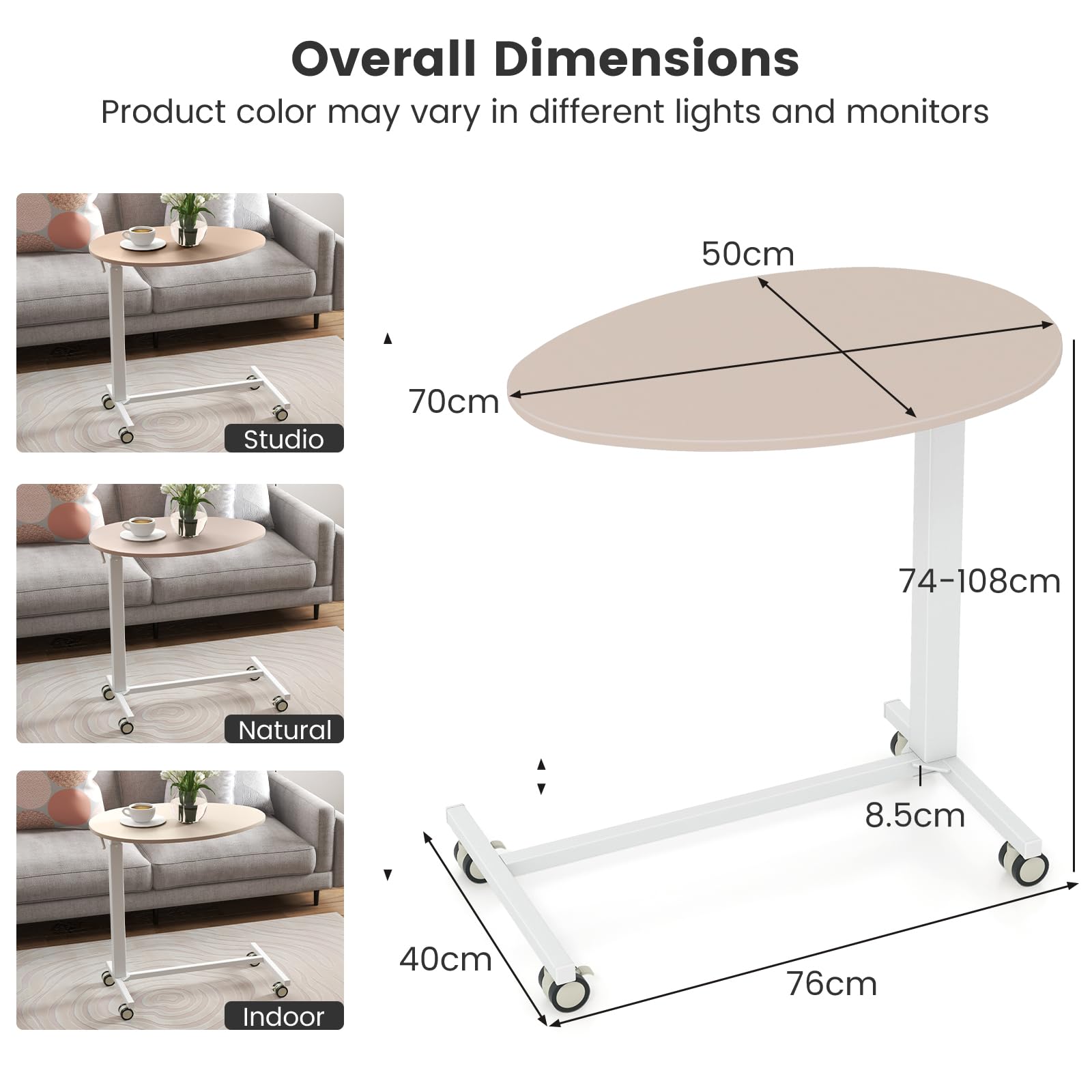 LIFEZEAL Mesa en Forma de C, Mesa Auxiliar Regulable con Palanca neumática, Altura Ajustable 74-108 cm, Mesa Lateral con 4 Ruedas para salón, Cocina, Comedor, MAX 75 kg