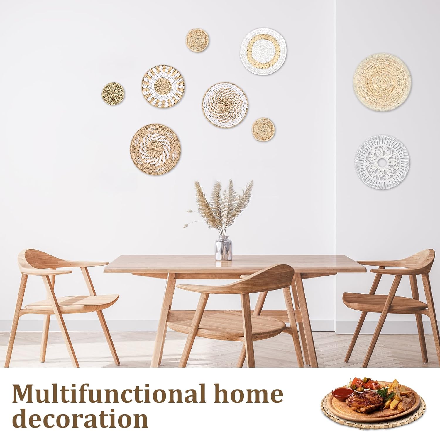 MJOGGOTT 9 Pcs Boho Wall Basket Decor Hanging Woven Wall Basket Art Decor Rattan Wicker Seagrass Home Round Tassels White Macrame Tapestry Baskets Decoration for Kitchen Home Farmhouse Decoration
