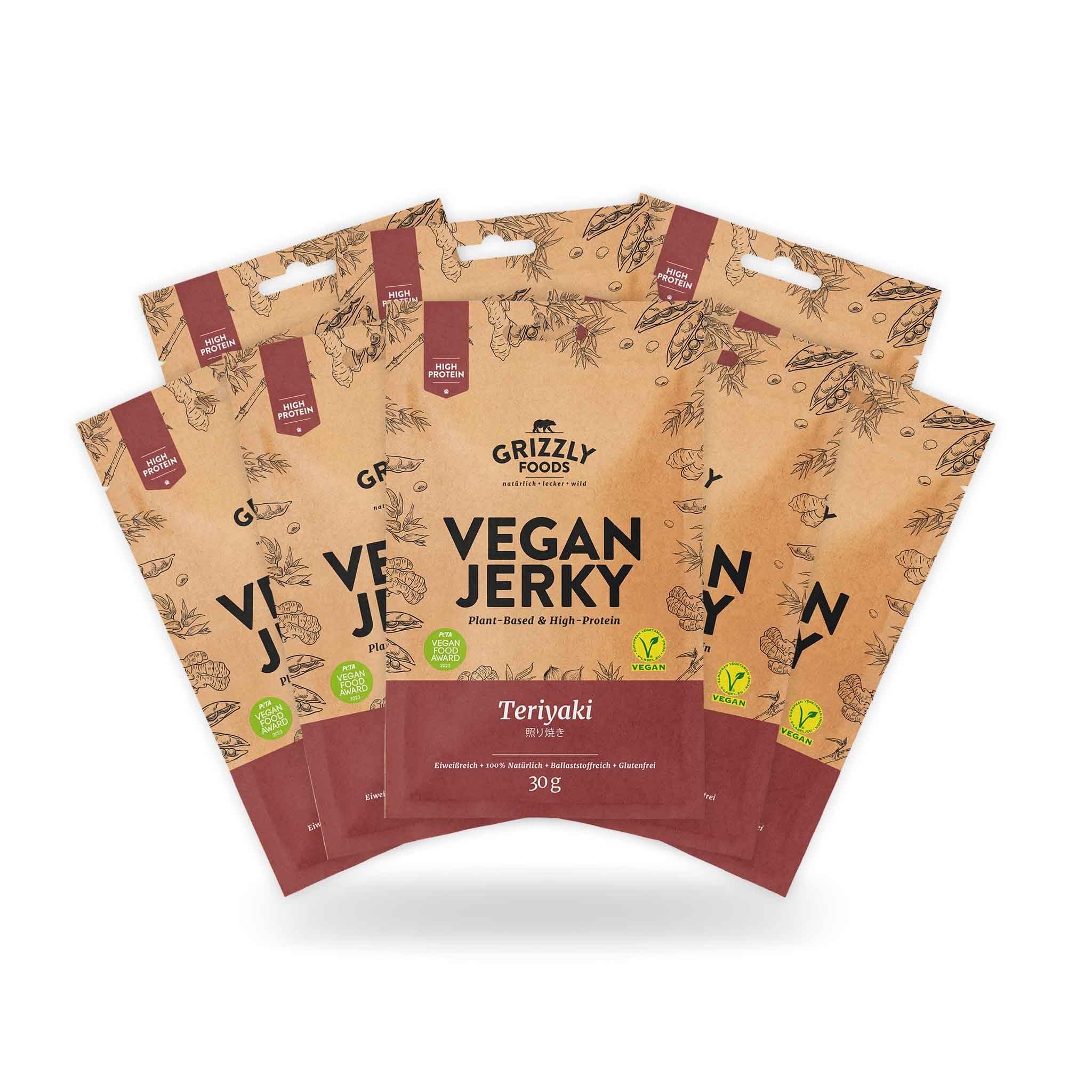 Grizzly Foods • Vegan Jerky Teriyaki (8 x 30g) • Pflanzliches Beef Jerky • Veganes Trockenfleisch • High Protein Snack • Ideal für Unterwegs, Büro, Sport