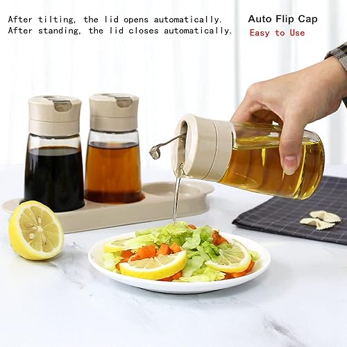 Miniatura 2 de TIAN CHEN Juego de dispensador de aceite y vinagre, botellas de salsa de soja con tapa abatible, recipiente de aceite de cocina de vidrio a prueba