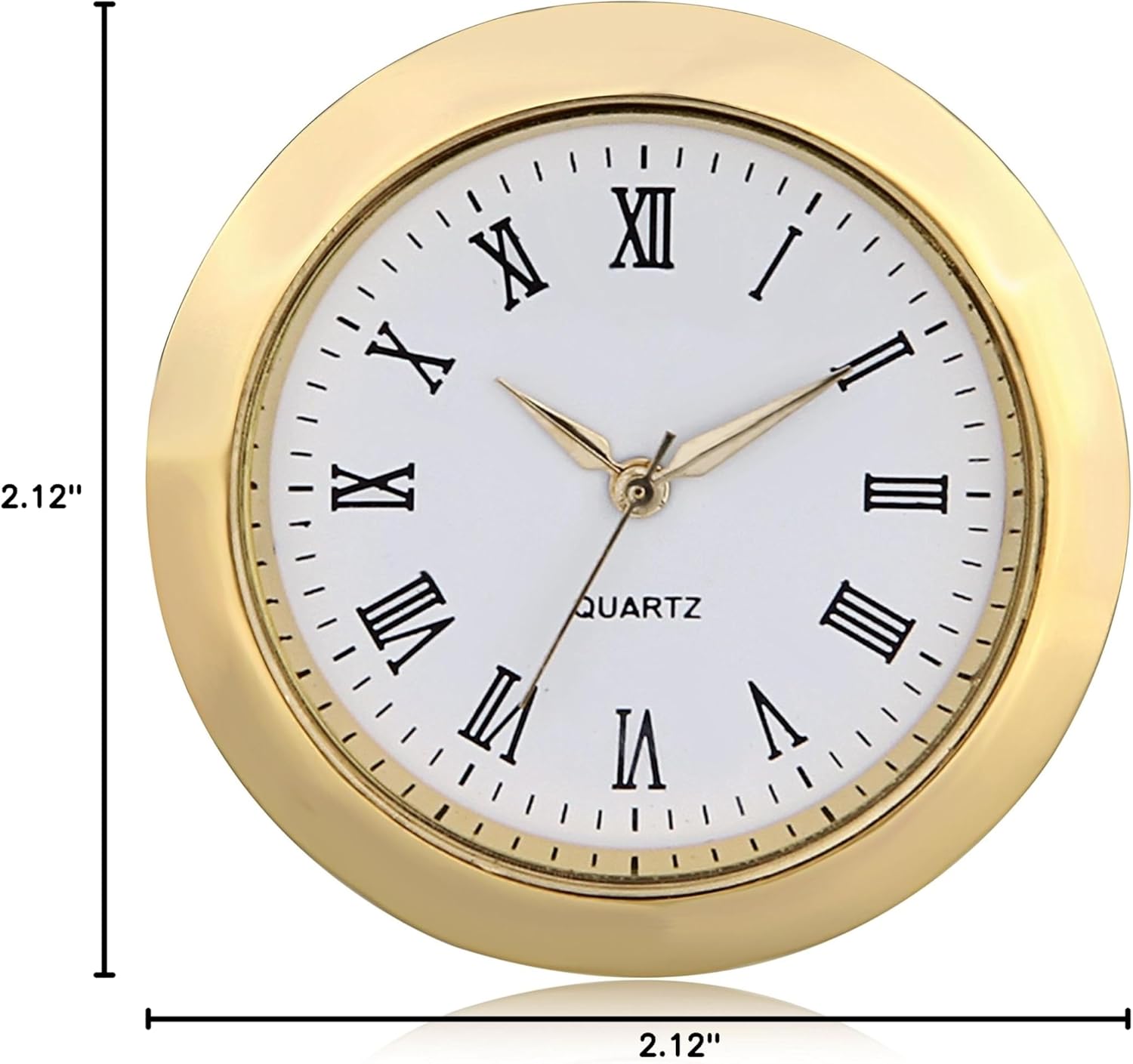 ShoppeWatch Mini Clock Insert 2 inch (55mm) Quartz Movement | Miniature Clock Face Insert | Small Round Fit Up White Face Gold Tone Bezel Roman Numerals CK083GD