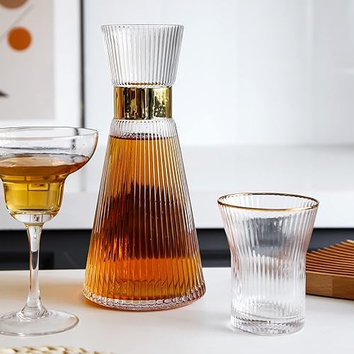 Miniatura 3 de G Jarra de agua de cristal estriado con tapa de bambú de 34 onzas y vasos de vidrio, juego de 2 vasos de 9 onzas, jarra acanalada para la noche,