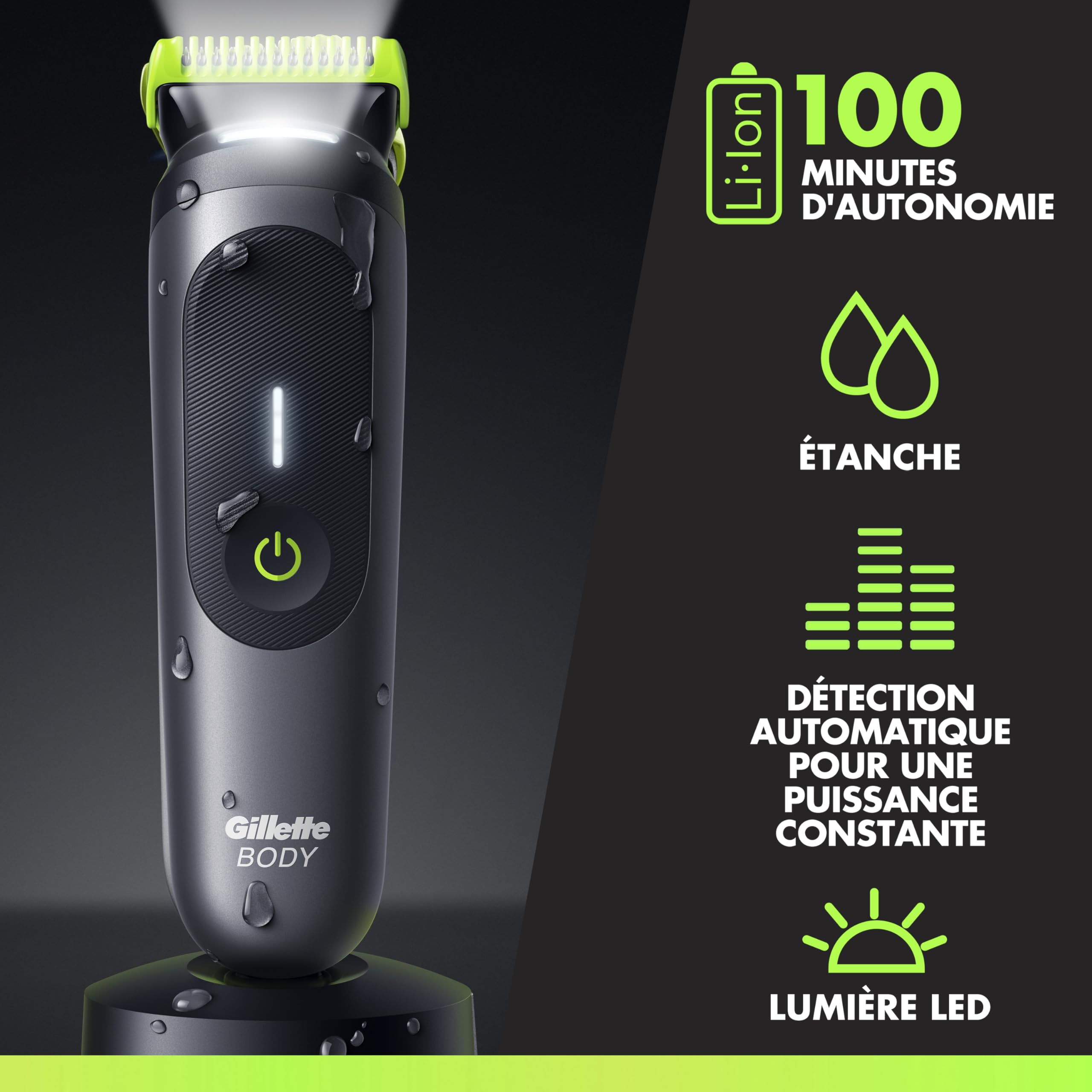 Gillette Labs Body + Intimate Tondeuse Homme i7, Tondeuse Corps et Zone Intime, Étanche, Dotée de la Technologie SkinFirst et de la Lumière LED pour Visibilité, 3 Sabots, Batterie Rechargeable Incluse