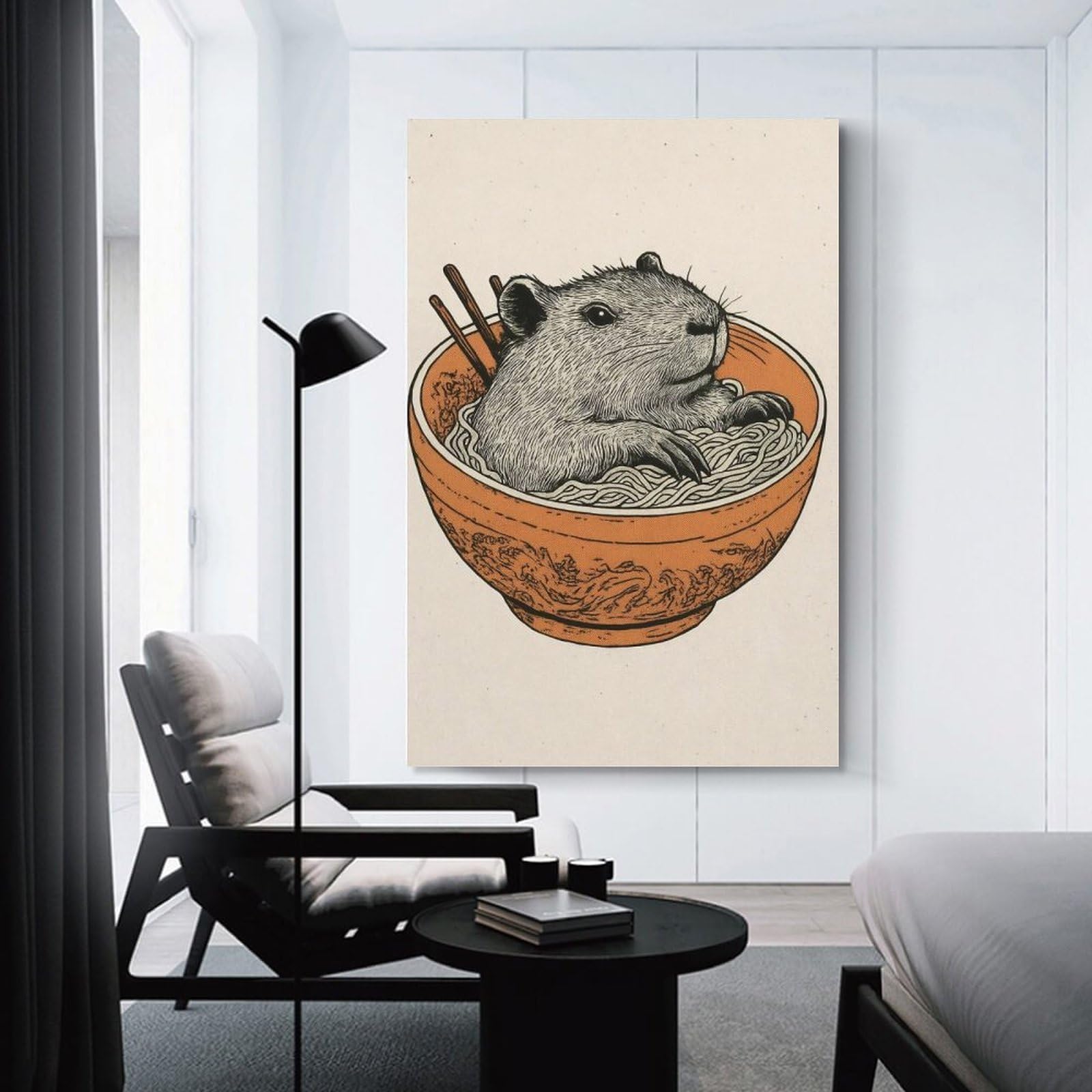 Junmoney Canvas Wall Picture Capybara in Ramen Bowl Illustration, 24x36inch(60x90cm), for Study, Office Or Focused Interiors, Wall Art That Adds Style to Work Areas