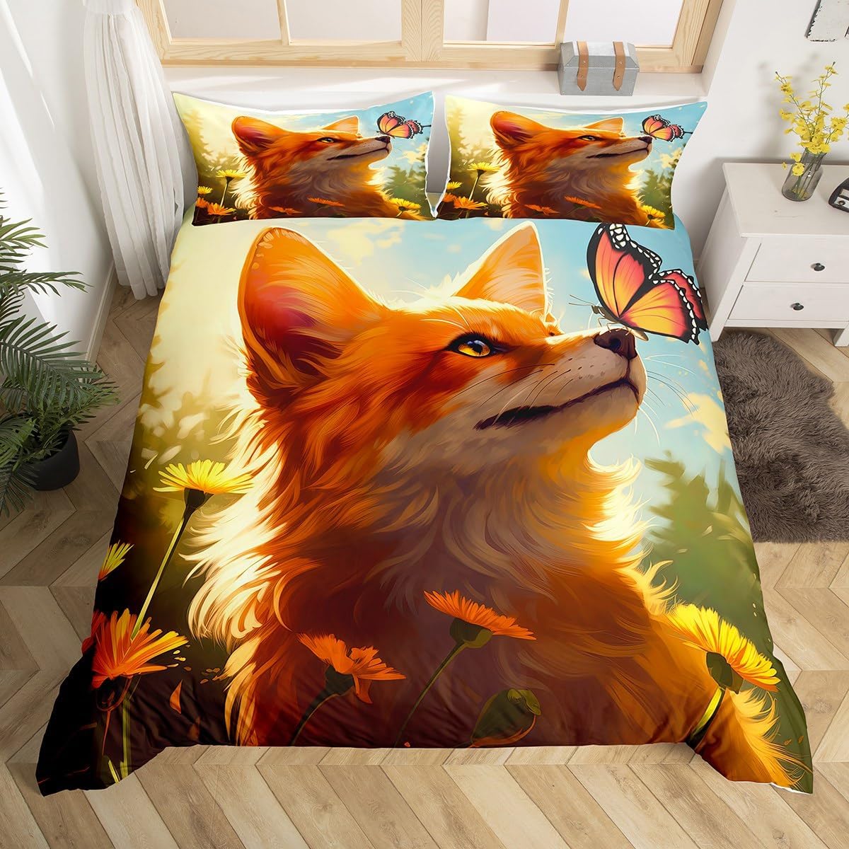 Cartoon Fox Bedding Set,Watercolor Fox Comforter Cover Set for Teens Women Room Decor,Butterfly Flowers Duvet Cover Breathable Sunshine Bedspread Cover Full Size(No Comforter)