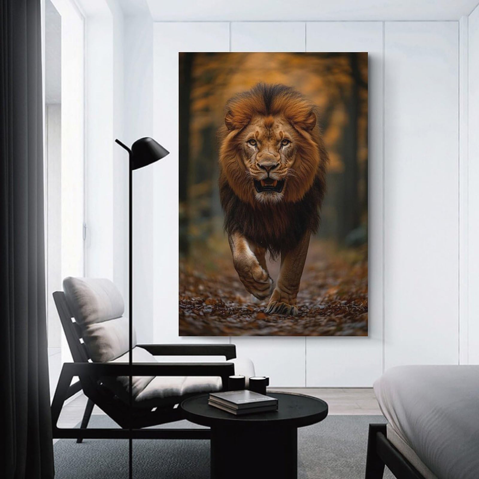 Junmoney Majestic Lion Walking Through Autumn Forest Canvas Wall Decor, 20x30inch(50x75cm), for Gallery Wall Decor And Room Displays, Wall Decor Suited to Curated Displays