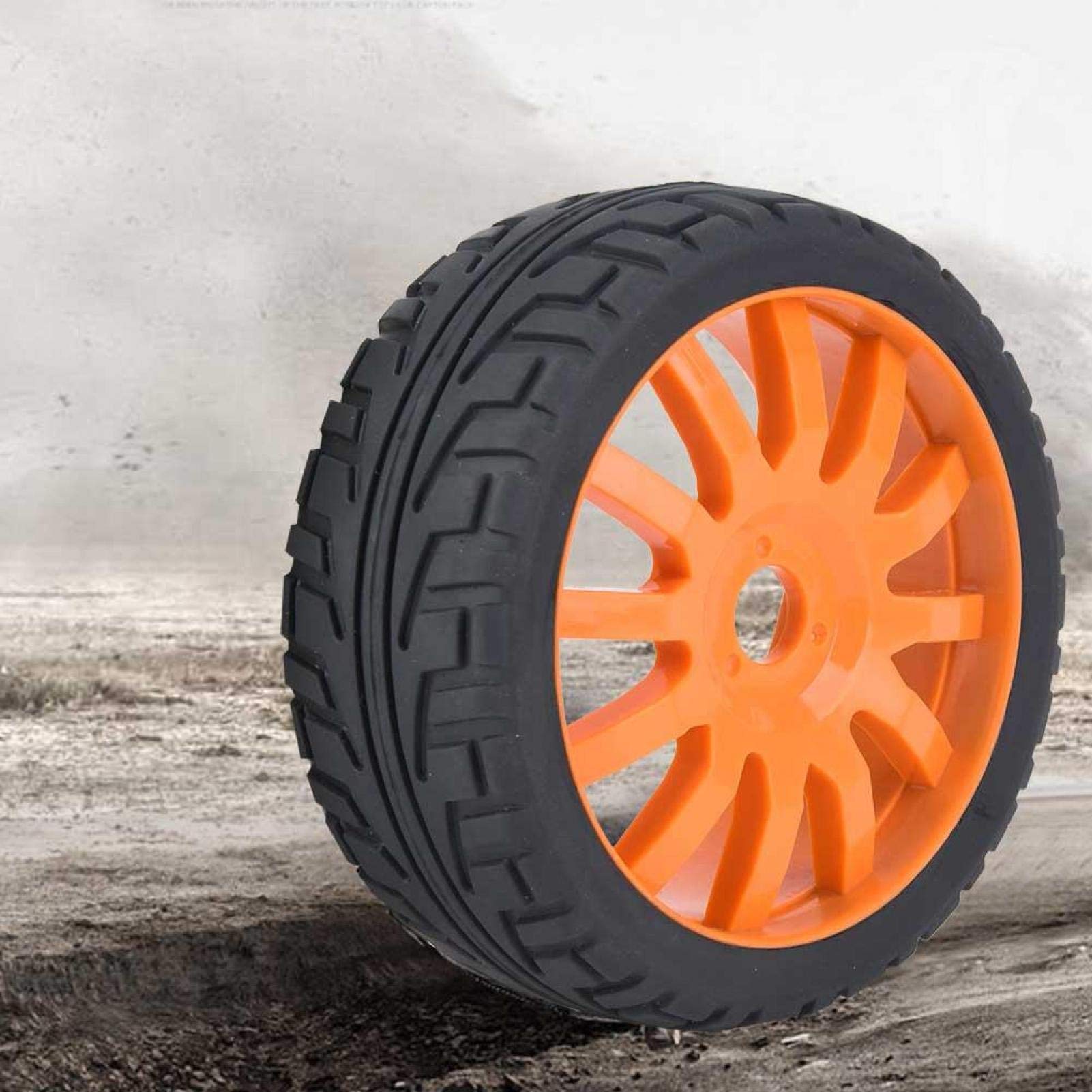 Pneus De Voiture RC, Pneu en Caoutchouc ABS 1/8 Roue Motif Pneu Miniatures avec Moyeux Course Camion Accessoires L'échelle Télécommandés sur Route Run Flating Touring Racing Car Jantes Orange