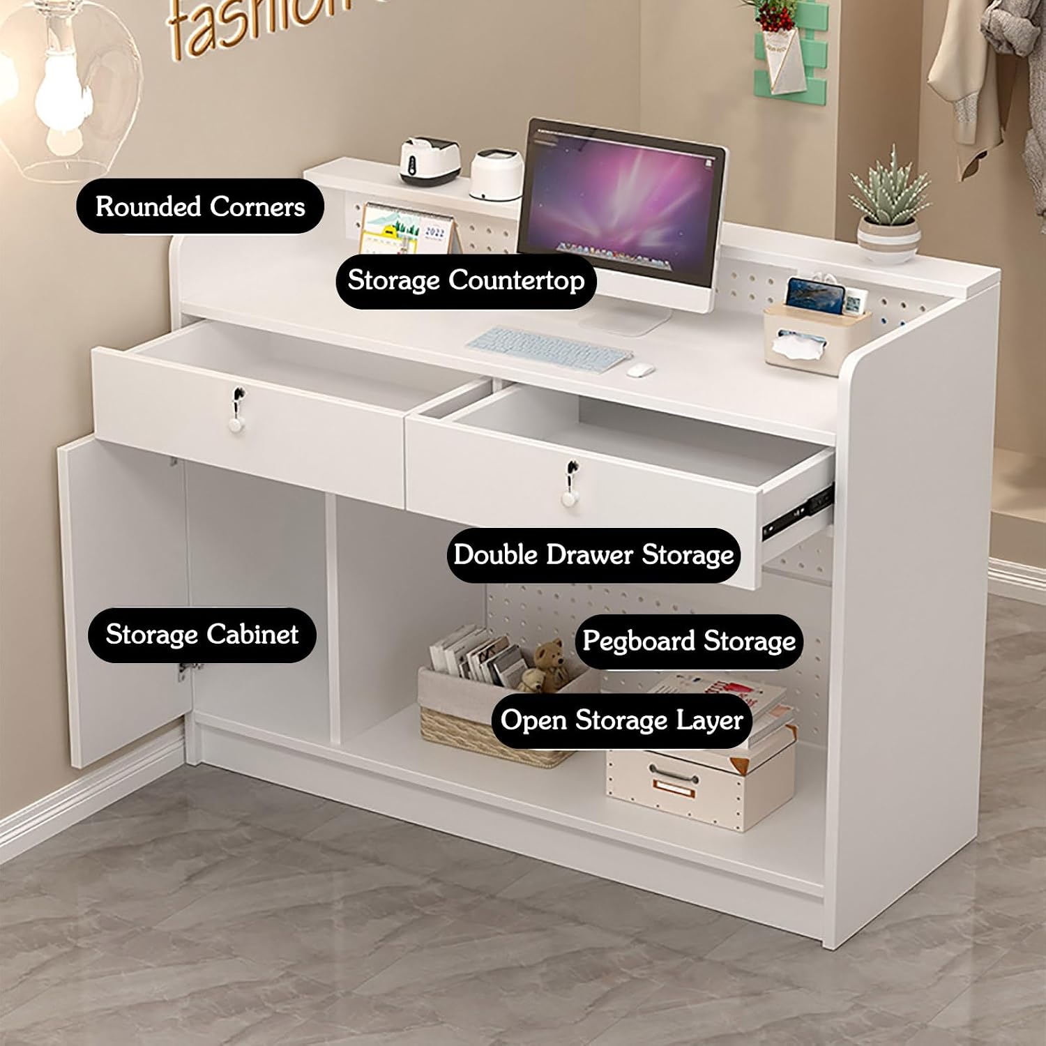 Reception Desk Front Counter Desk With Lockable Drawers & Private Panels Counter Top Office Computer Table With Storage Cabinet Retail Checkout Counter With Lockable Drawer For Salon Reception Room Ch