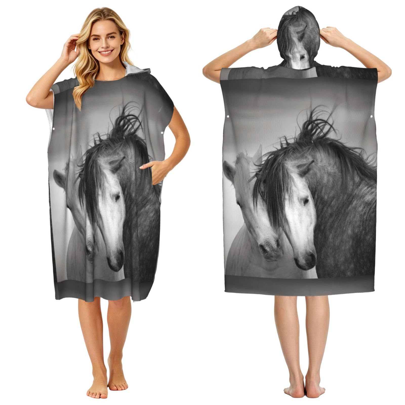 Poadnly Horses, Adult Hooded Beach Towel 90 x 110 cm,Changing Bath Robe, Surf Poncho Towel For Women Men