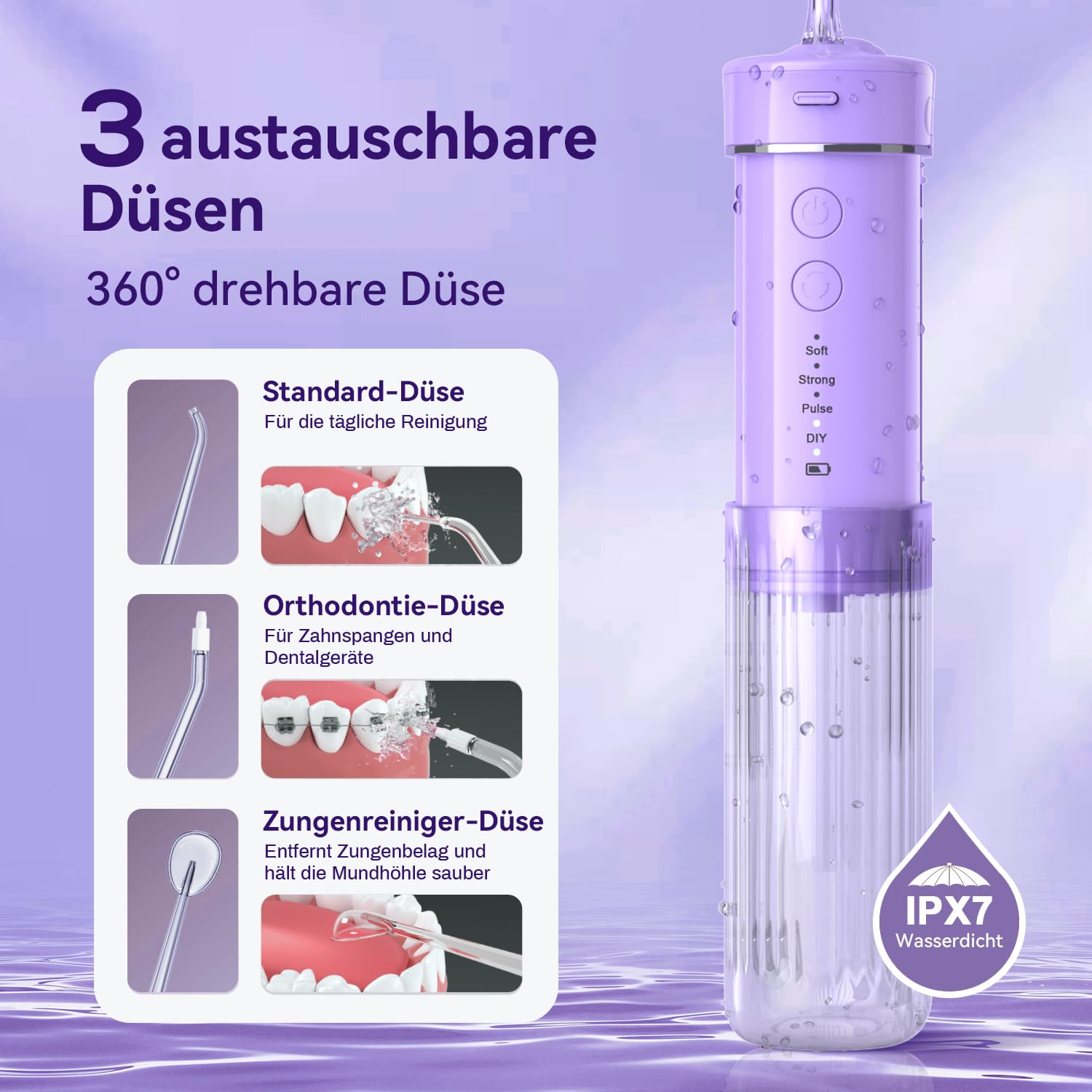 JTF Hydropulseur Jet Dentaire Portable Mini, Électrique Voyage Irrigateur Oral Detartreur Avec 5 Buses Rechange, 4 Modes Water Flosser, 230 ML Réservoir D'eau Escamotable, IPX7 Étanche(Violet)