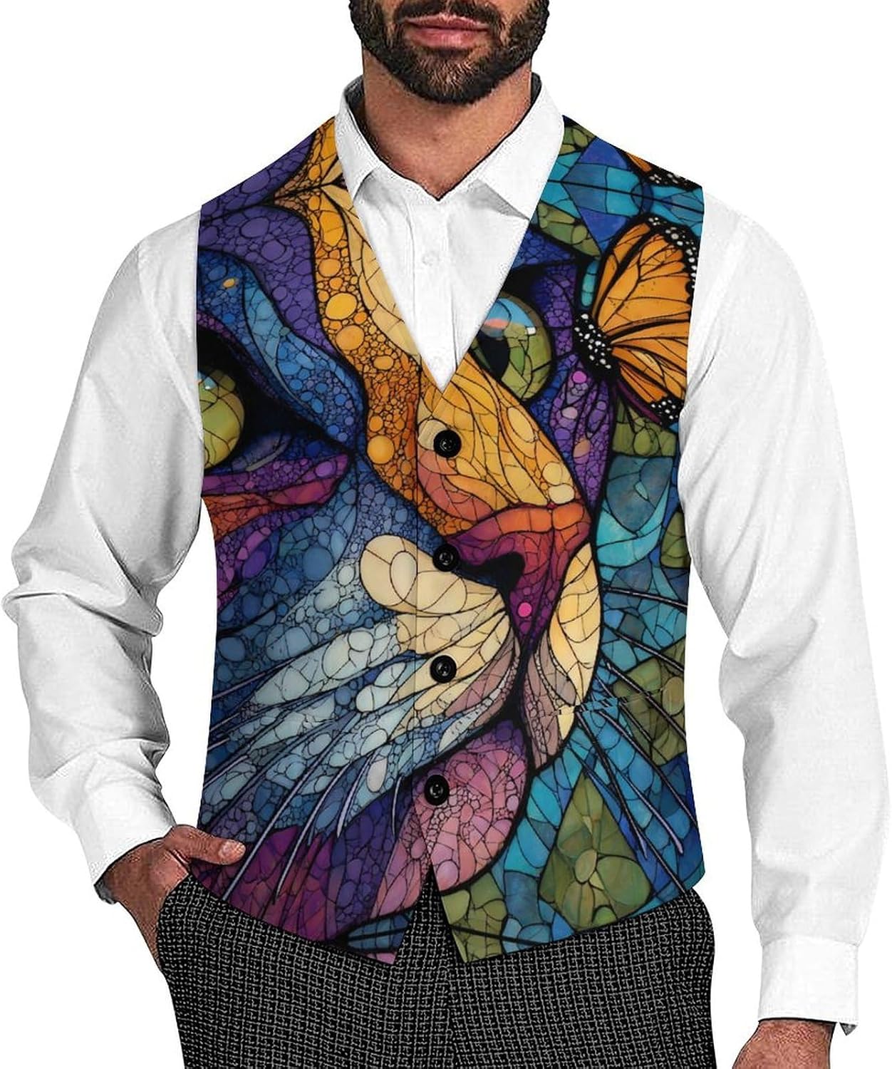 Cats Butterflies Stained Glass Men Formal Suit Vest V-Neck Button Waistcoat for Business Wedding