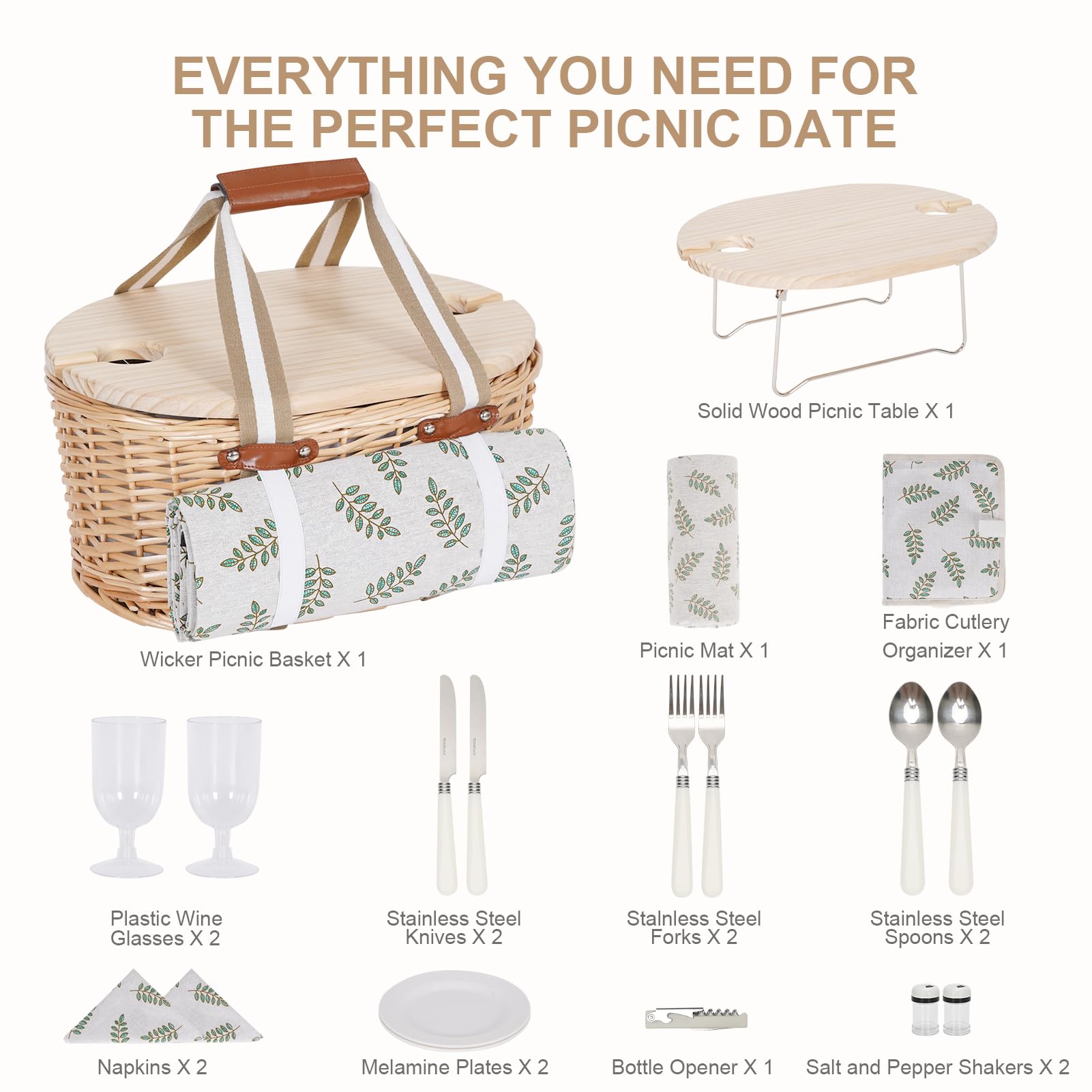 Juego de cesta de picnic para 2 - Cesta de picnic aislada de mimbre con manta impermeable, mesa de picnic plegable para vino y juegos de cubiertos, juego de cestas de picnic para acampar, al