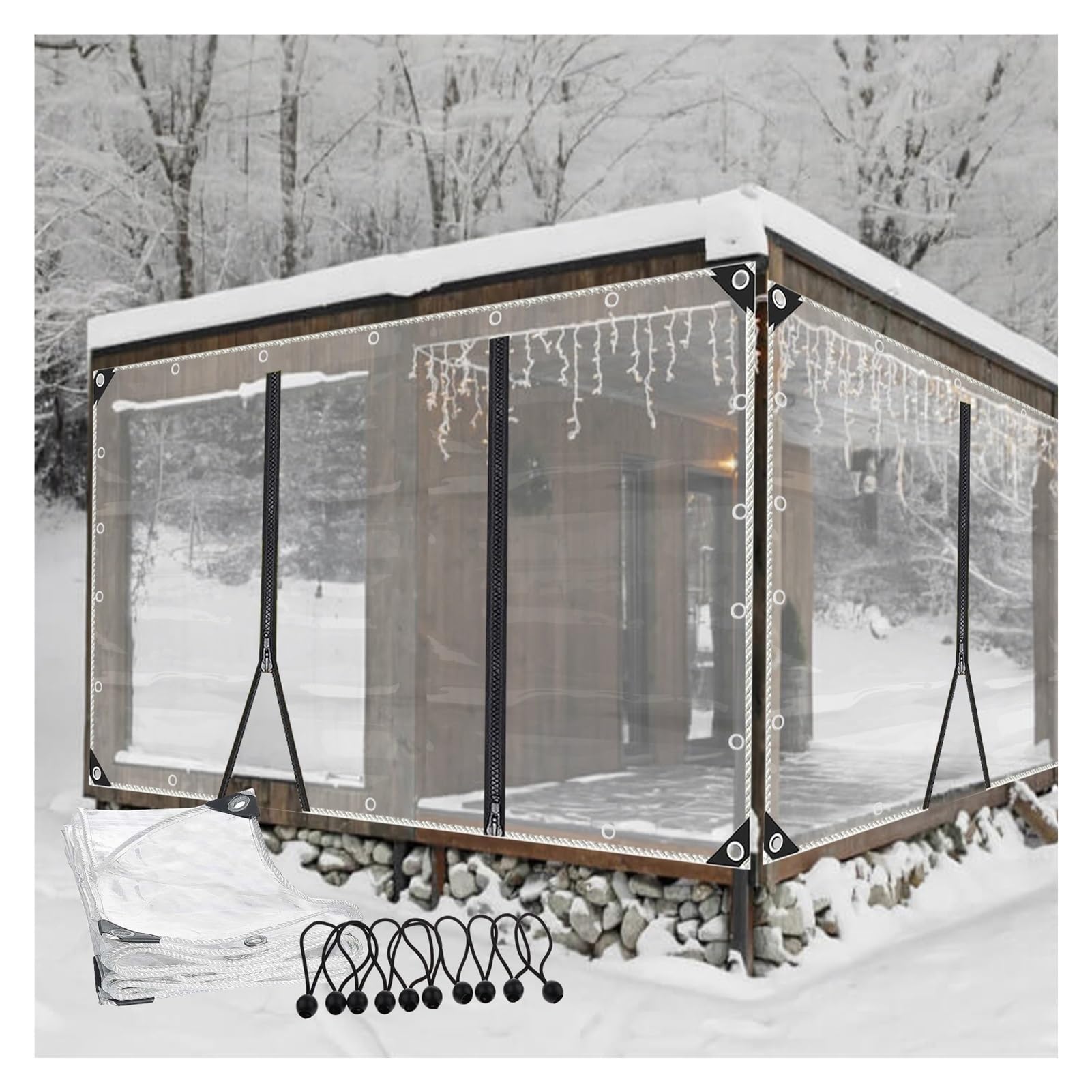 Pochy Clear Outdoor Waterproof Curtain Transparent Plastic Tarpaulin With Zip Doors Pvc Heavy Duty Waterproof Tarpaulin Side Panels For Pergola, Porch(2.5X2.5m/8.2X8.2ft)