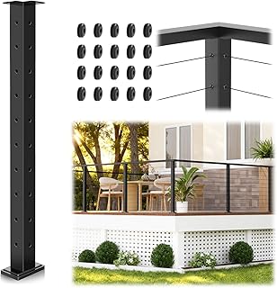 36" Cable Railing Corner Post, L-Drilled Stainless Steel T304 Corner Rail Post, Upgraded Black Powder Coated One-Post Corner Solution, Wire Metal Post for Indoor Outdoor Deck Railing