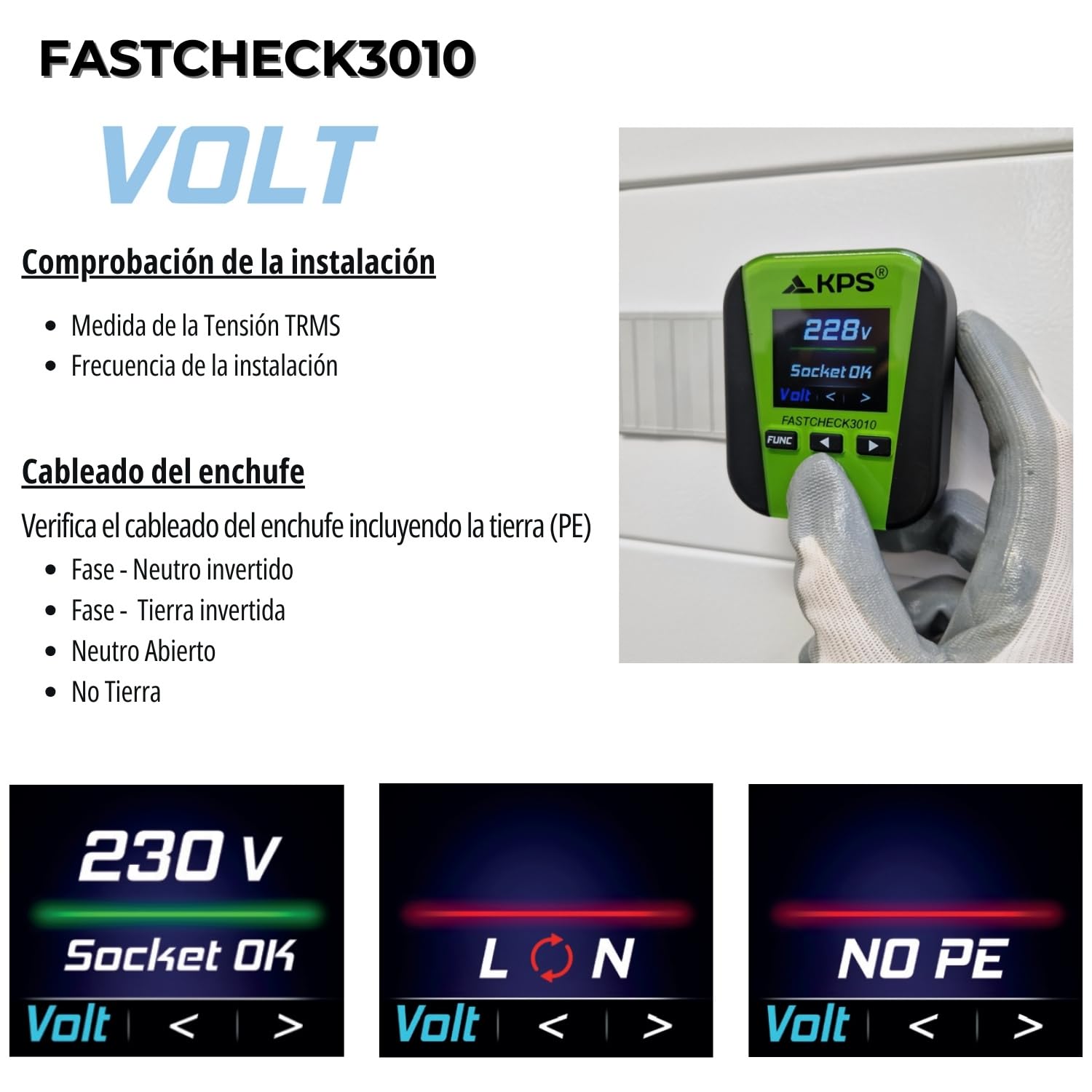 KPS-FASTCHECK3010 Comprobador Multifunción - Cableado de Enchufe, Prueba de Diferenciales RCD, Impedancia de Bucle, Armónicos y THD% - Con APP compatible
