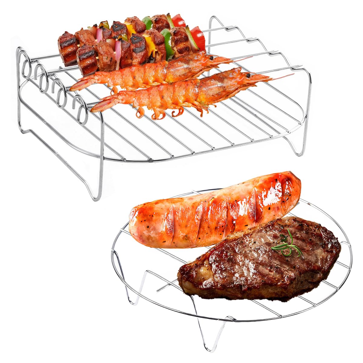 2 Piezas Rejilla para Air Fryer, Air Fryer Rack con 4 Brochetas | Rejilla para Freidora Aire de Acero Inoxidable, Accesorios Freidora Sin Aceite, para Todas las Freidoras Aire Más de 3,5 L