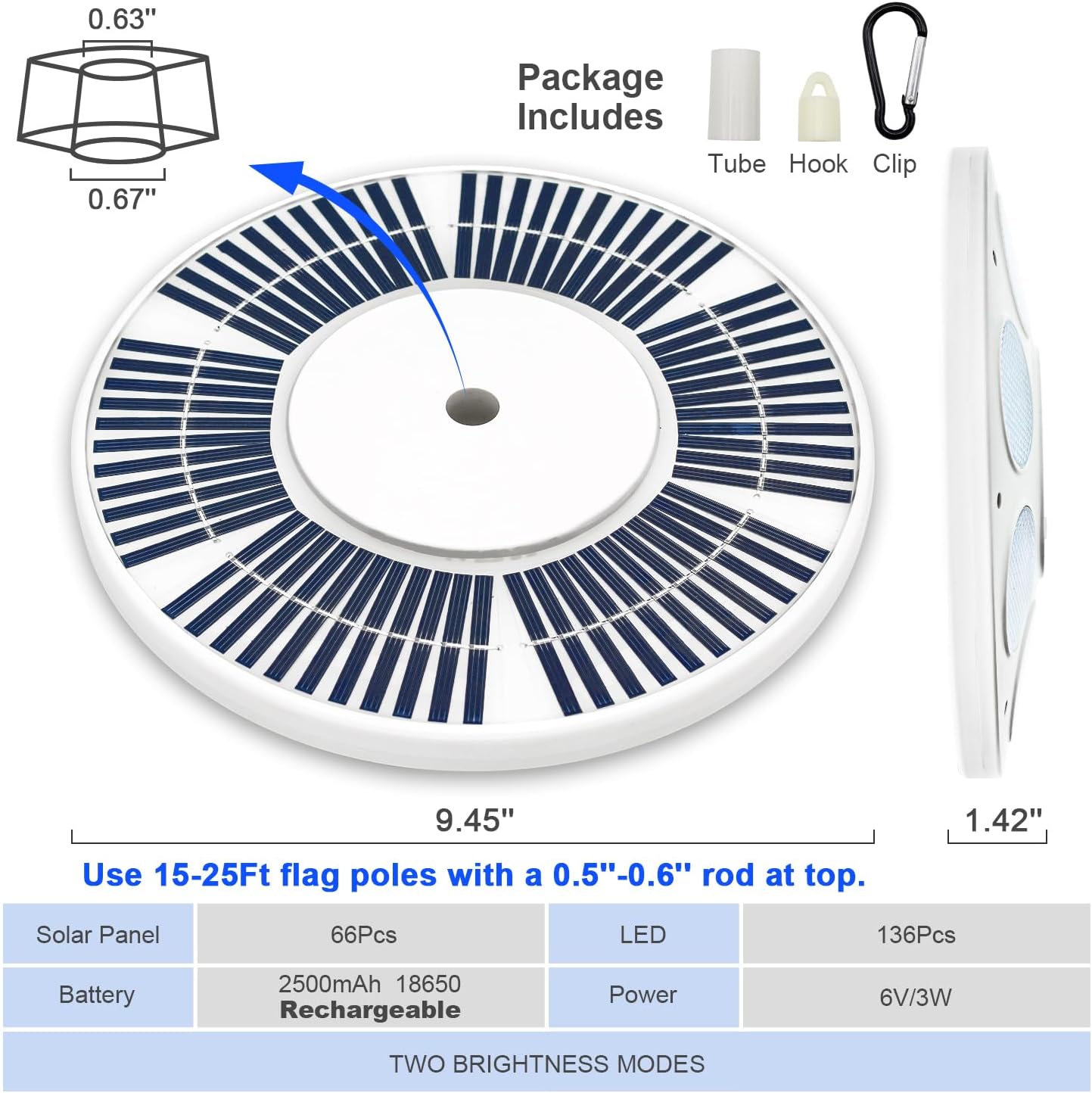 Solar Lighted Flag Pole, 136 LED Lights with 3 Modes, Weatherproof Downlight for 15 to 25 Ft Poles, Auto On/Off Super-Bright, Energy-Saving Solar Night Lights, Upgraded Version (White)