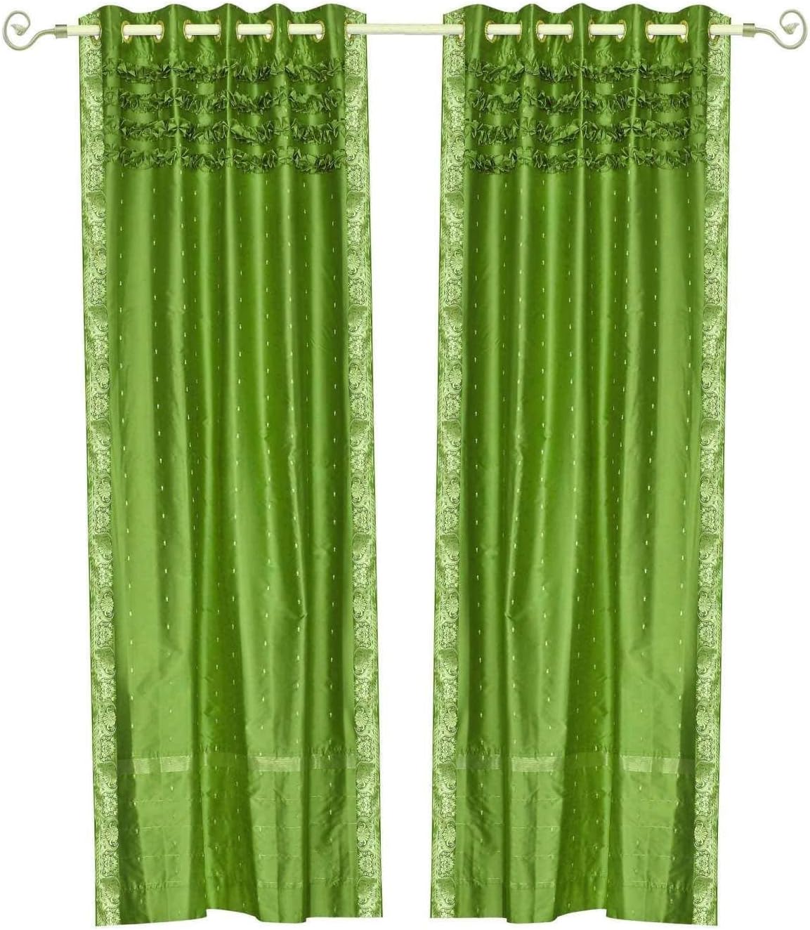 Indian Selections Lined-Forest Green Hand Crafted Grommet Sheer Sari Curtain Drape -43Wx63L-Piece